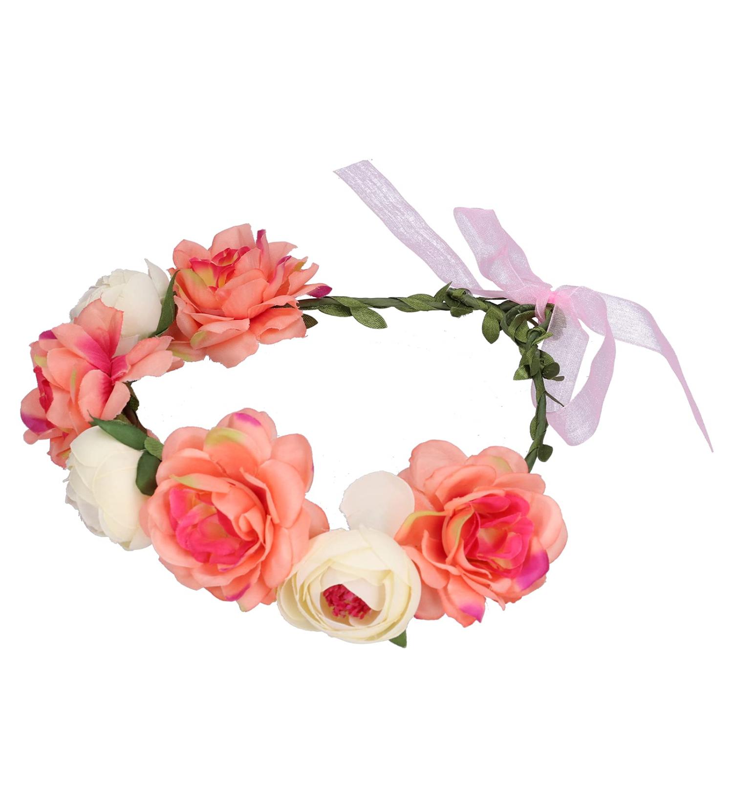 Floral Crown Wedding Bride Boho Flower Wreath Headband Garland Crown Floral Headpiece Halo with Adjustable Ribbon for Festival Party Headpiece(Coral Beige) - Buy Online on GoSupps.com