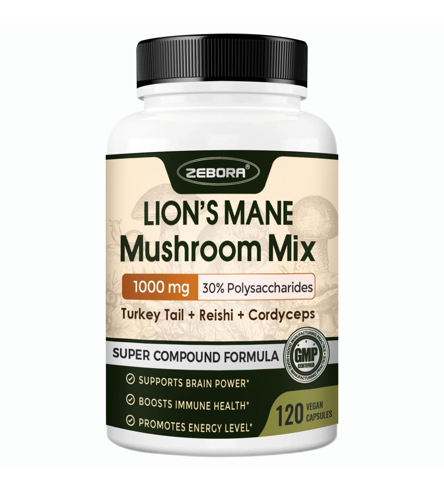 ZEBORA Lions Mane Supplement Capsules - Mushroom Supplement with Lions Mane, Cordyceps, Reishi, Turkey Tail, Shiitake - Lion's Mane Mushroom for Memory, Focus & Immune Support - 119 Vegan Capsules - Buy Online on GoSupps.com