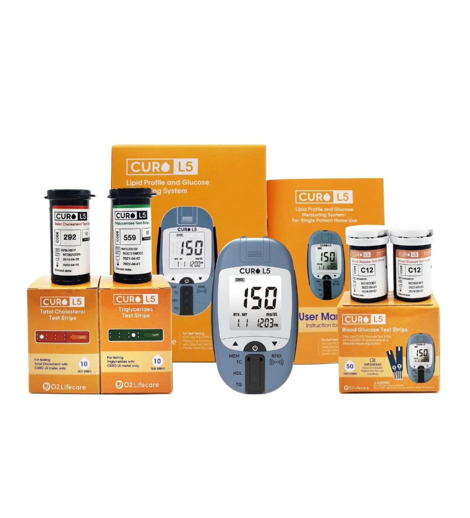 CURO L5 Digital Cholesterol Test Kit - 10 Total Cholesterol & Triglycerides Strips + 50 Glucose Strips - Buy Online on GoSupps.com