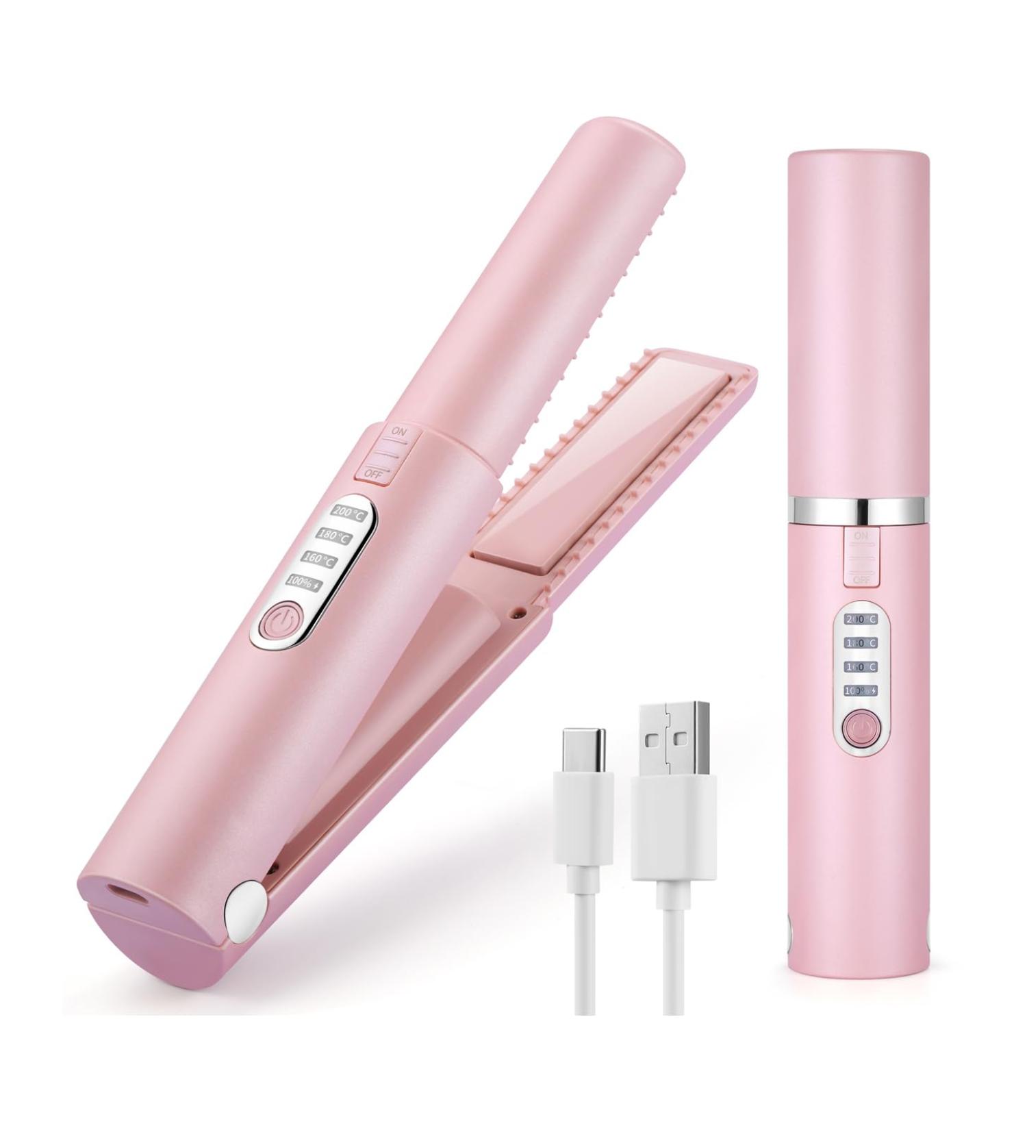 JMFONE Cordless Hair Straightener & Curler 2-in-1 | Portable USB-C Rechargeable Flat Iron | Fast Heat Adjustable Temp Perfect for Travel - Pink & Silver - Buy Online on GoSupps.com