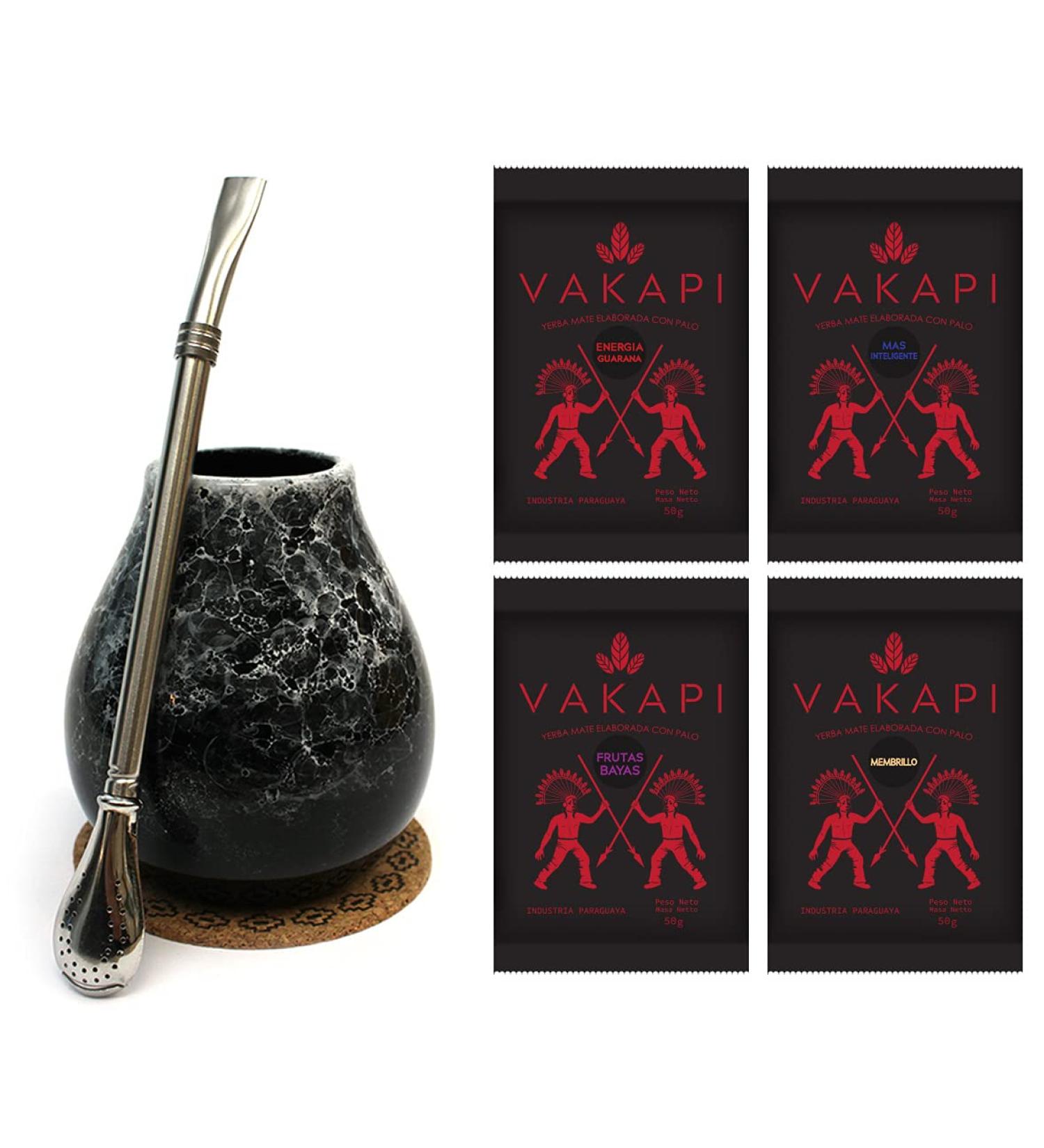 Mate Green Mate Ceaker Set | Mate Tea Starter Set | Dark Marble Ceramic Mug 350ml & Stainless Steel Bombilla | Vakapi Mate Tea from Paraguay | Strong Coffee Alternative - Buy Online on GoSupps.com