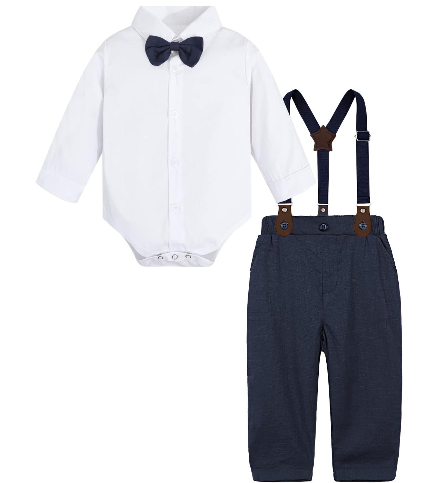 Mintgreen Baby Boy Wedding Outfit Set | Gentleman Suit Bodysuit with Suspender Trousers, Shirt, and Bow Tie | 9-12 Months | White Blue - Buy Online on GoSupps.com