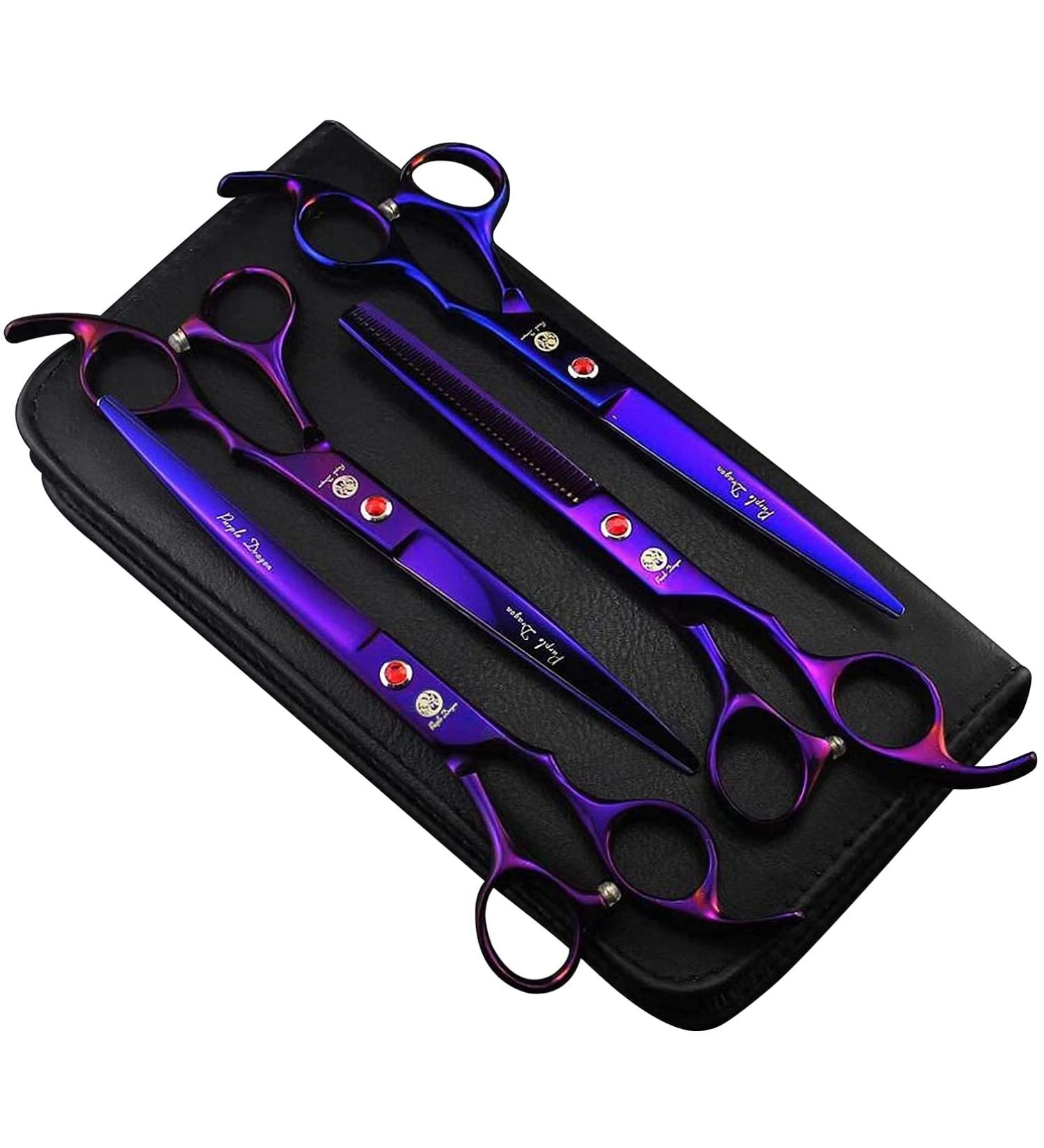 Purple Dragon Professional 7.0 inch 4PCS Pet Grooming Scissors Kit - Premium Japan Steel Straight & Curved Blades with Case - Dog Hair Cutting Shears Set in Electroplating Purple - Buy Online on GoSupps.com