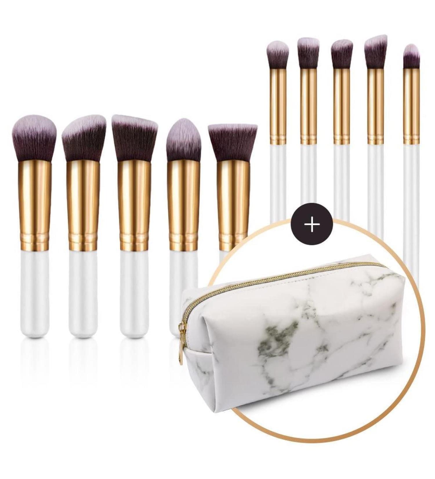 Evvie Marble White-Gold Kabuki Makeup Brush Set of 10 | Luxury Cosmetic Brushes in Elegant Case - International Shipping Available - Buy Online on GoSupps.com