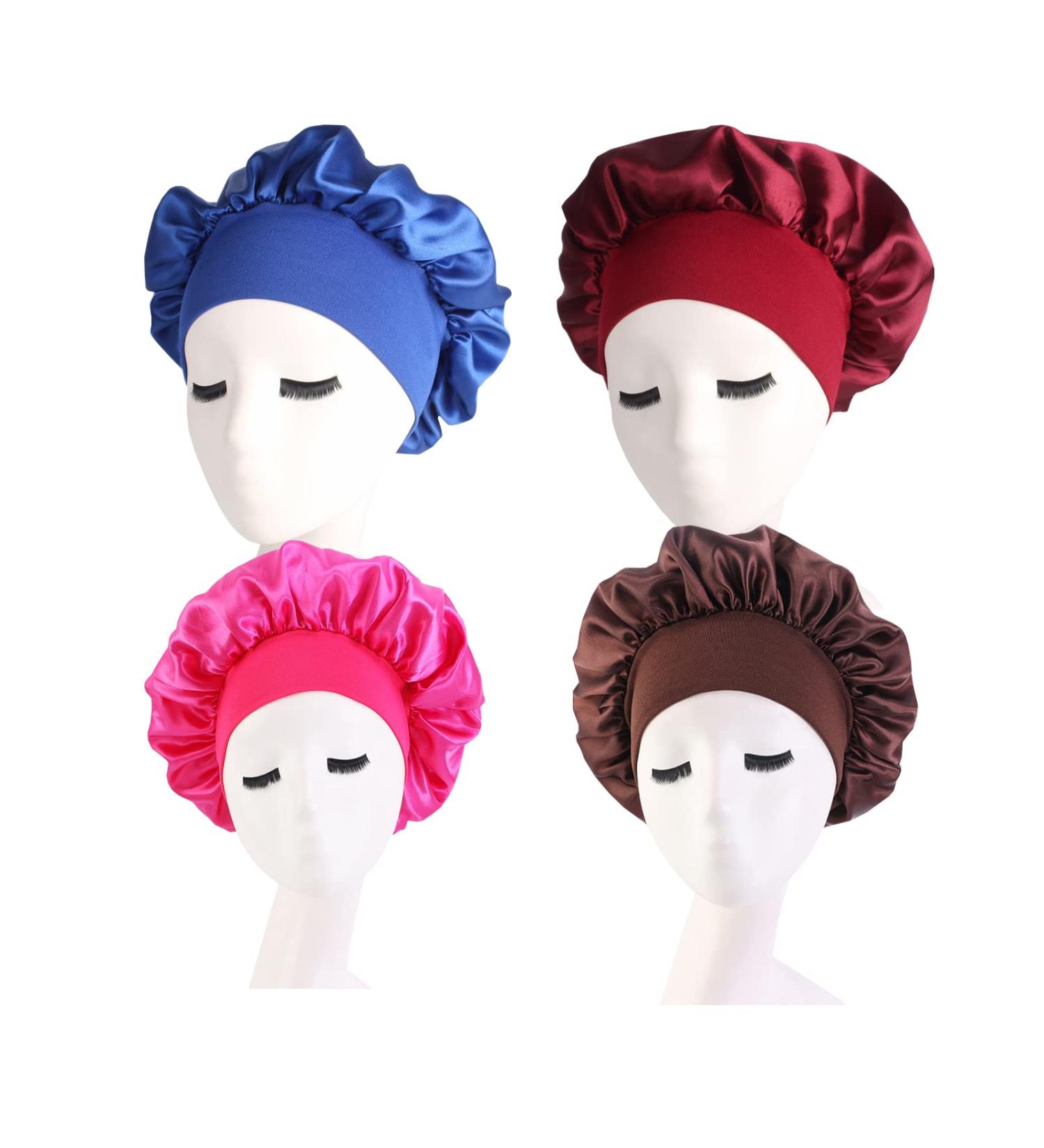 Satin Silk Bonnets for Curly Hair - 4 Pcs Set | Elastic Band Sleep Caps for Black Women - Buy Online on GoSupps.com