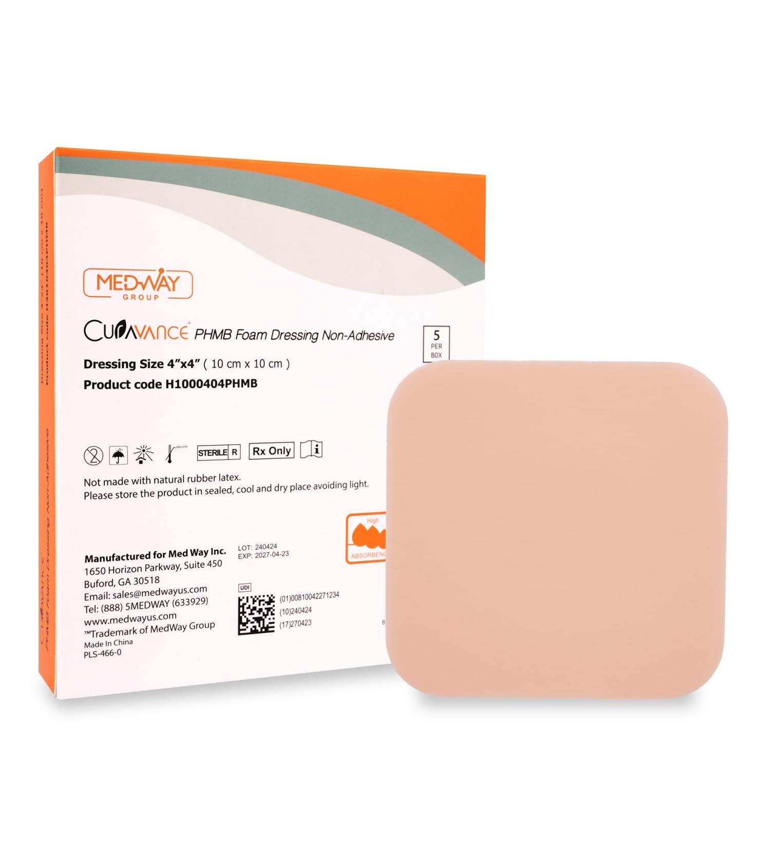 MedVance PHMB Waterproof Non-Adhesive Hydrophilic Foam Dressing 4"X4" Box of 5 dressings