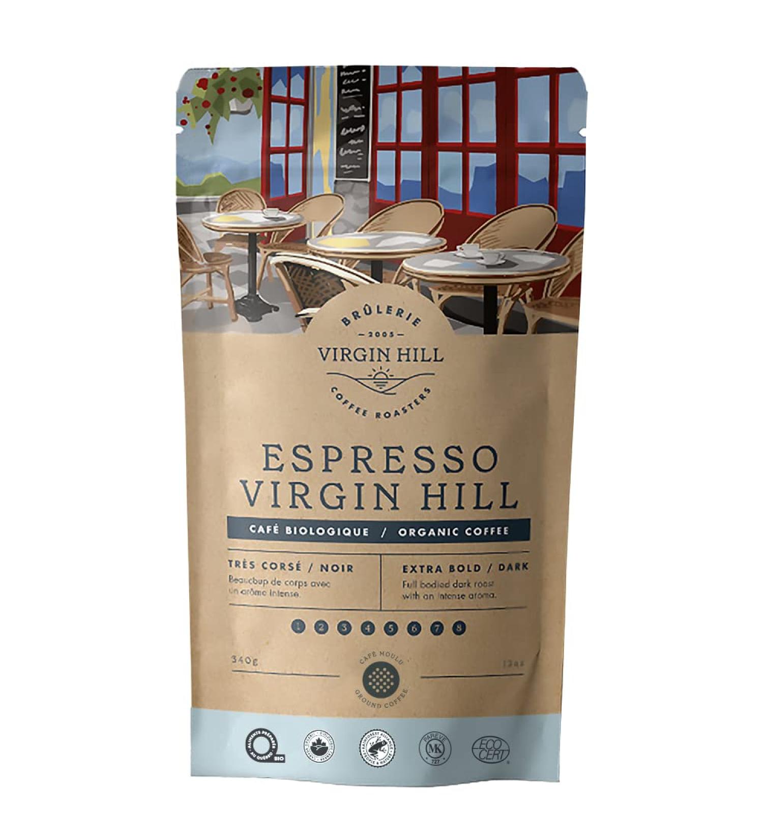 Virgin Hill Coffee - Organic Espresso Virgin Hill - Extra Bold Intensity & Extra Dark Roast - Three Quarters of a Pound of High-Grade Ground Coffee - 12oz / 340 grams Ground 12oz. / 340 grams - Buy Online on GoSupps.com