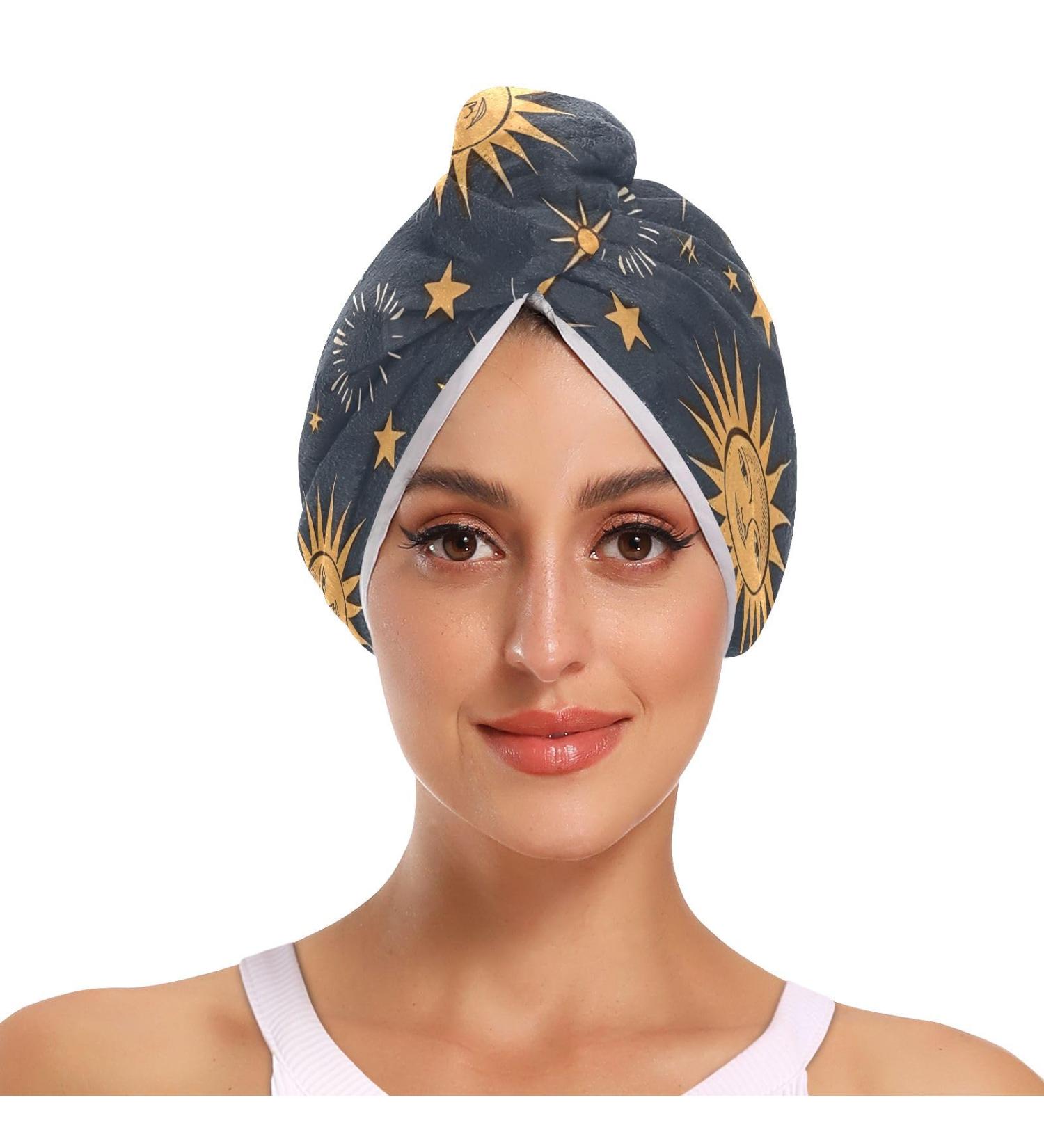 Sun Moon and Stars Hair Towel 2 Pack | Super Absorbent Quick Dry Hair Turbans for Women & Girls - Buy Online on GoSupps.com