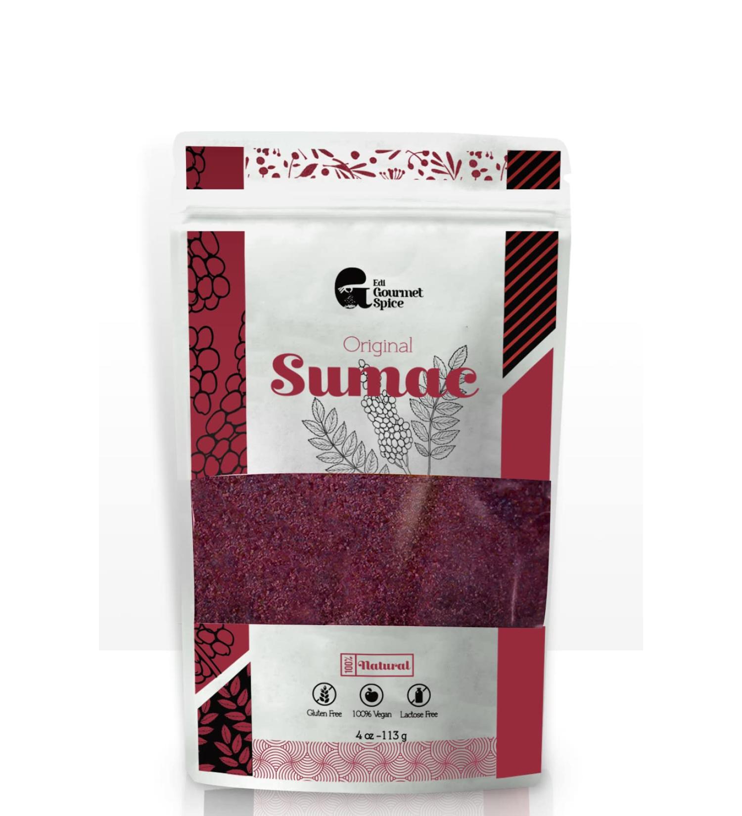 Edi Gourmet Spice Ground Sumac - 4 oz Resealable Bag | Pure Natural Sumac, No Salt Added | Middle Eastern & Mediterranean Seasoning - Buy Online on GoSupps.com