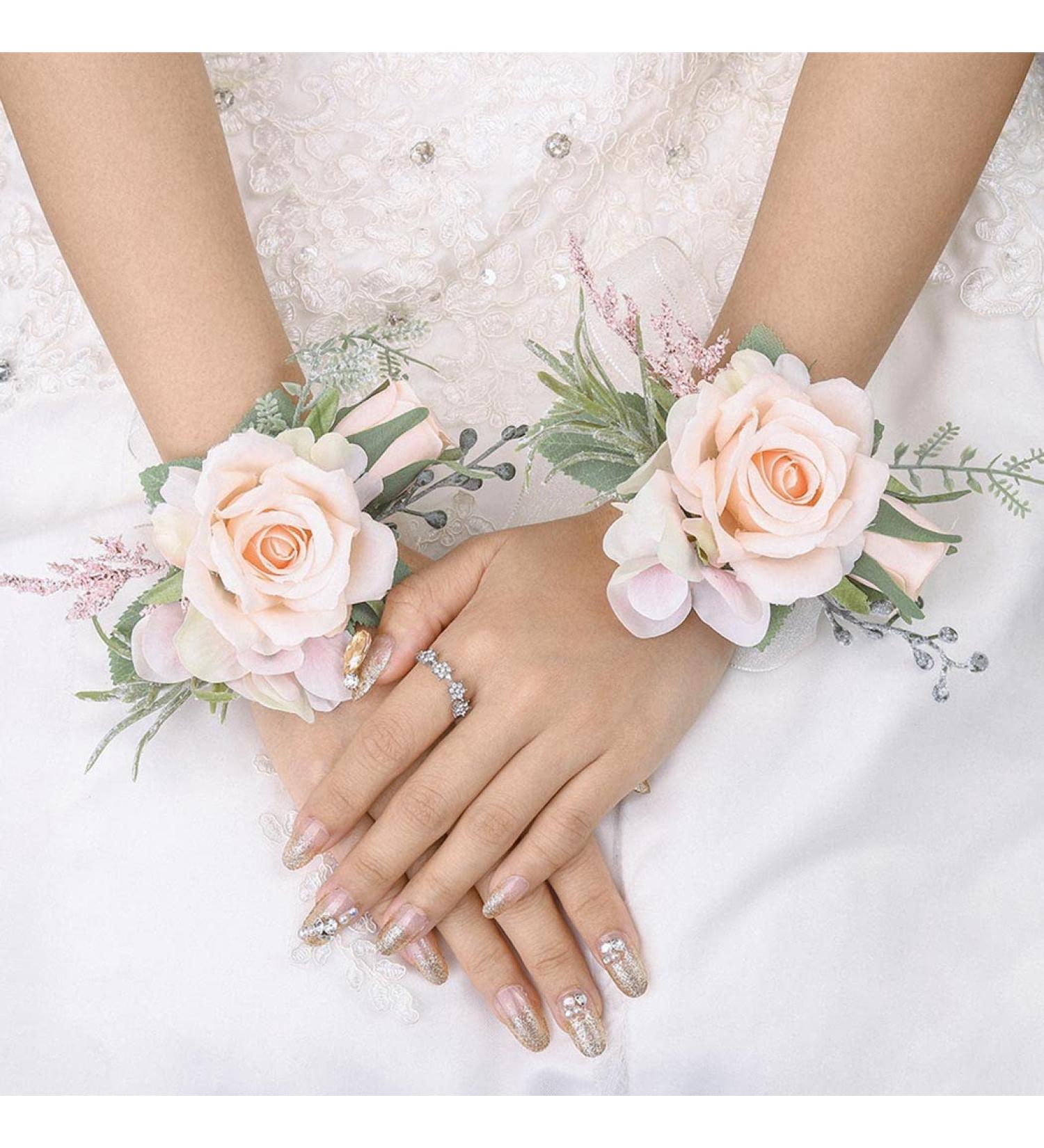 Campsis Handmade Pink Wrist Corsage Set for Wedding Prom Beach Photography 2PCS
