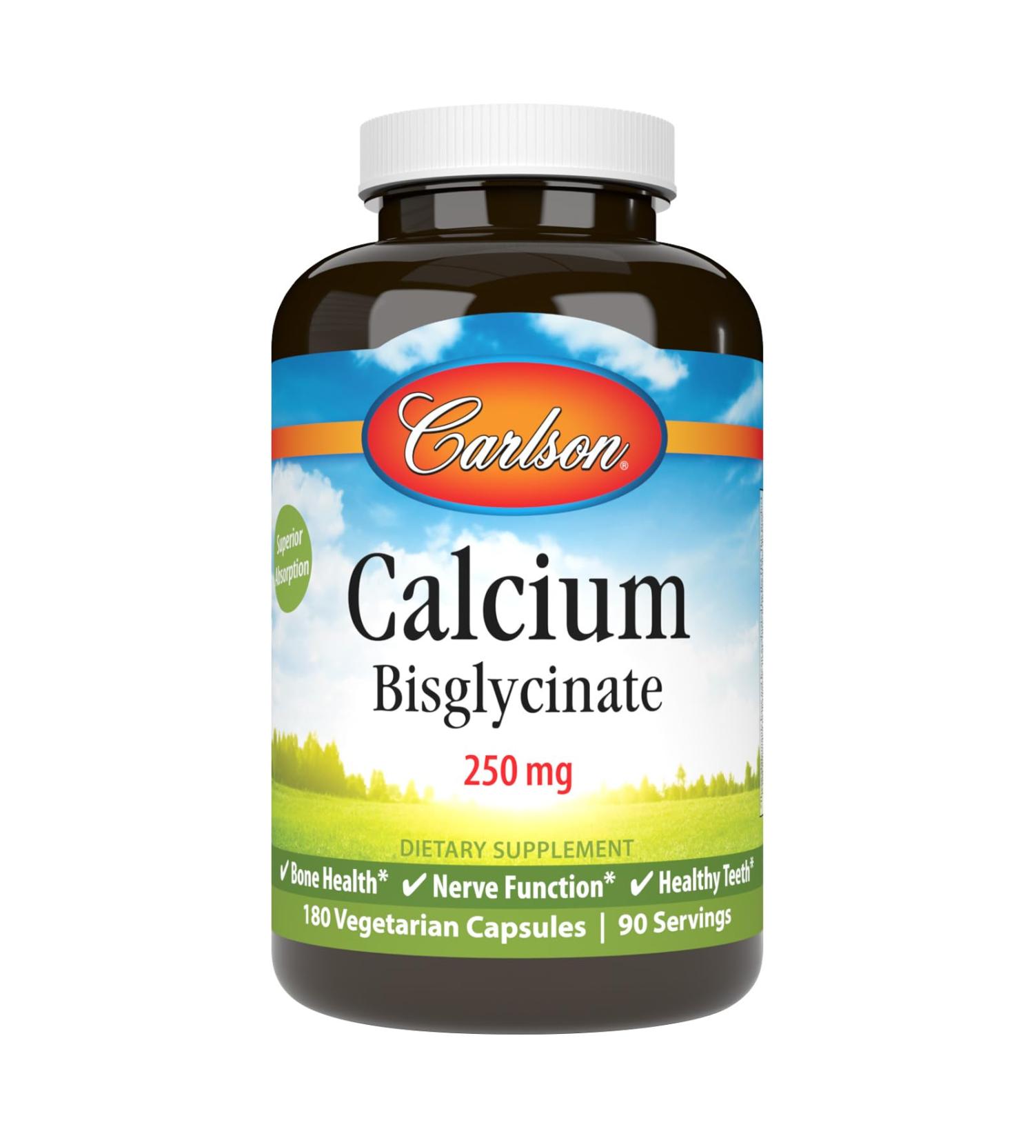 Carlson Calcium Bisglycinate 250 mg Calcium for High Absorption Supports Healthy Bones and Teeth Gentle on Stomach Promotes Muscle Function 180 Count - Buy Online on GoSupps.com