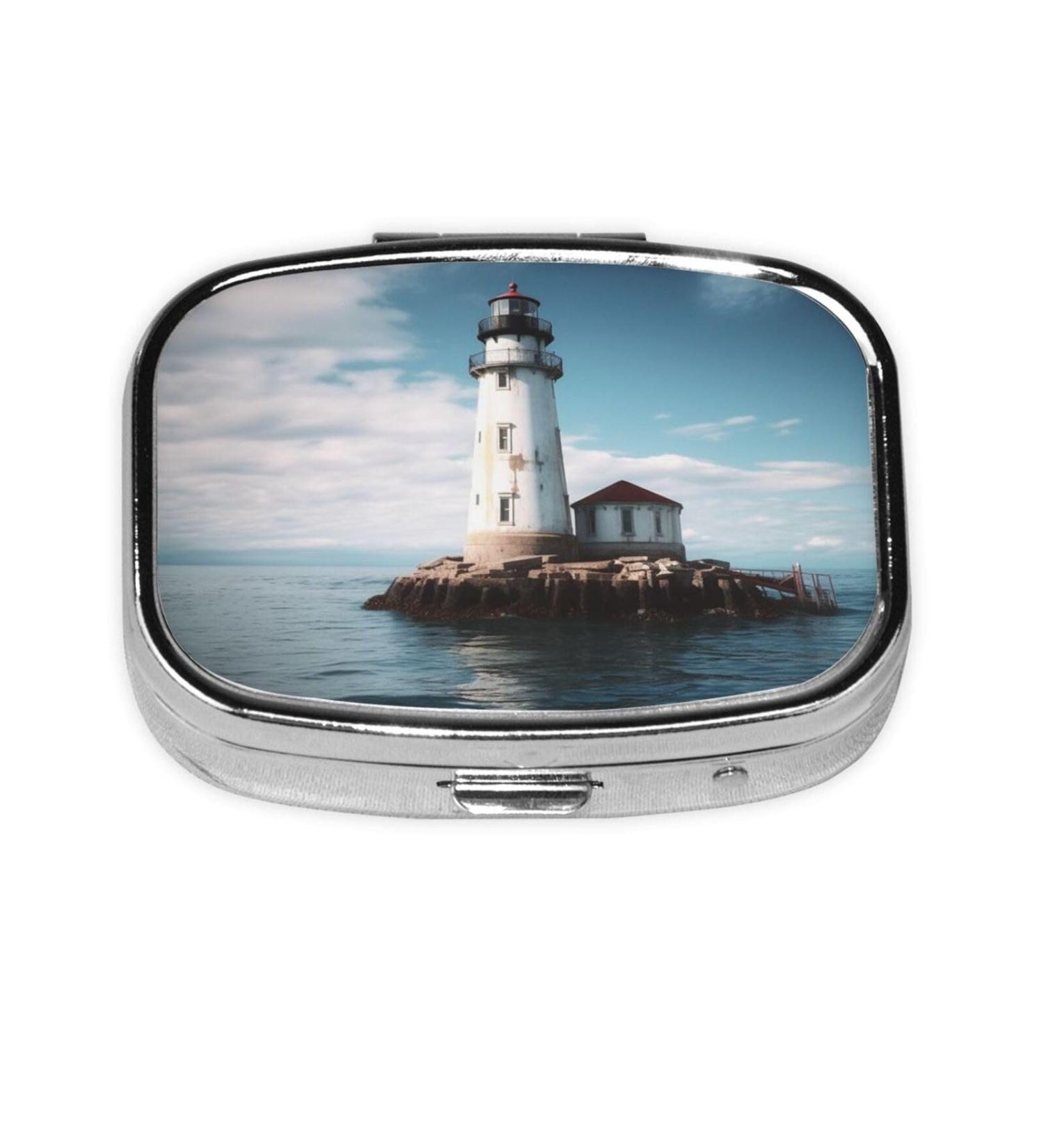 Light House Ocean Print 2 Compartment Pill Case | Cute Travel Pill Organizer & Small Purse Box | Perfect Gift for Travel - Buy Online on GoSupps.com