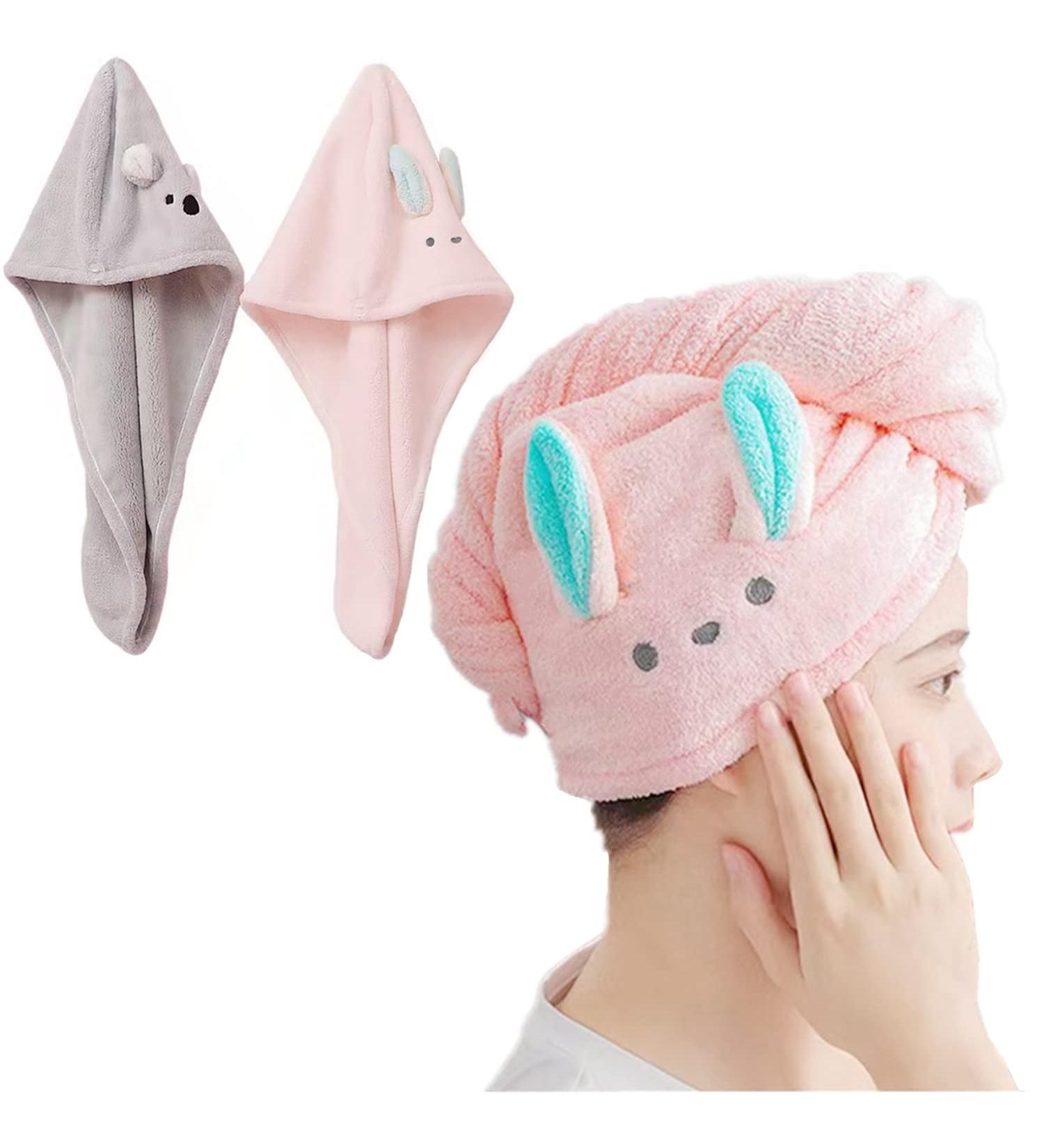Super Absorbent Microfiber Hair Towels 2-Pack - Pink & Grey | Quick Drying Hair Turban Wrap for Women and Girls - Buy Online on GoSupps.com
