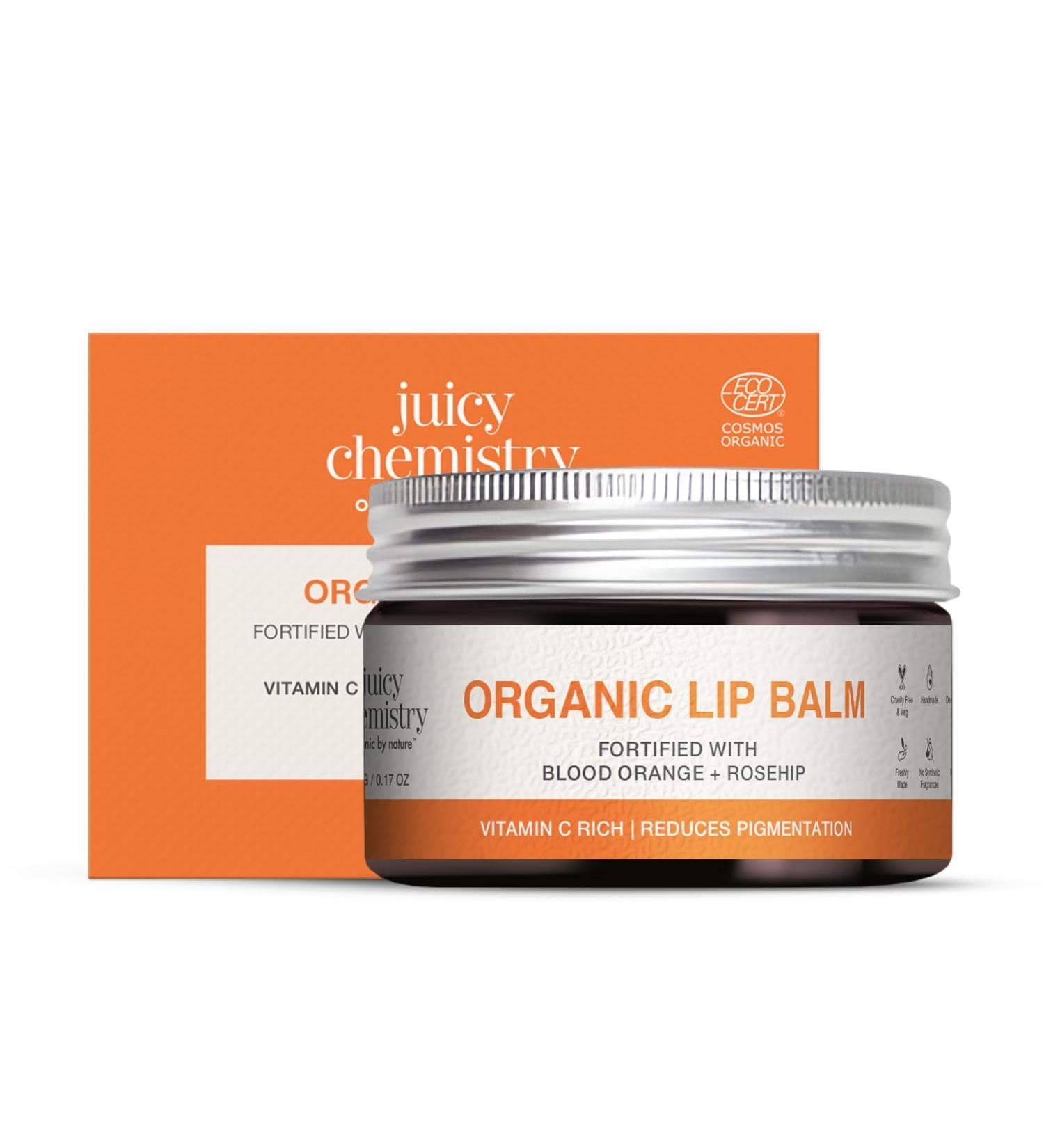Juicy Chemistry Blood Orange & Rosehip Lip Balm 5 G |Enriched with Natural Ceramides to Hydrate Moisturise & Reduce Pigmentation|Formulated with Organic Castor Oil Jojoba Oil and Vitamin E - Buy Online on GoSupps.com