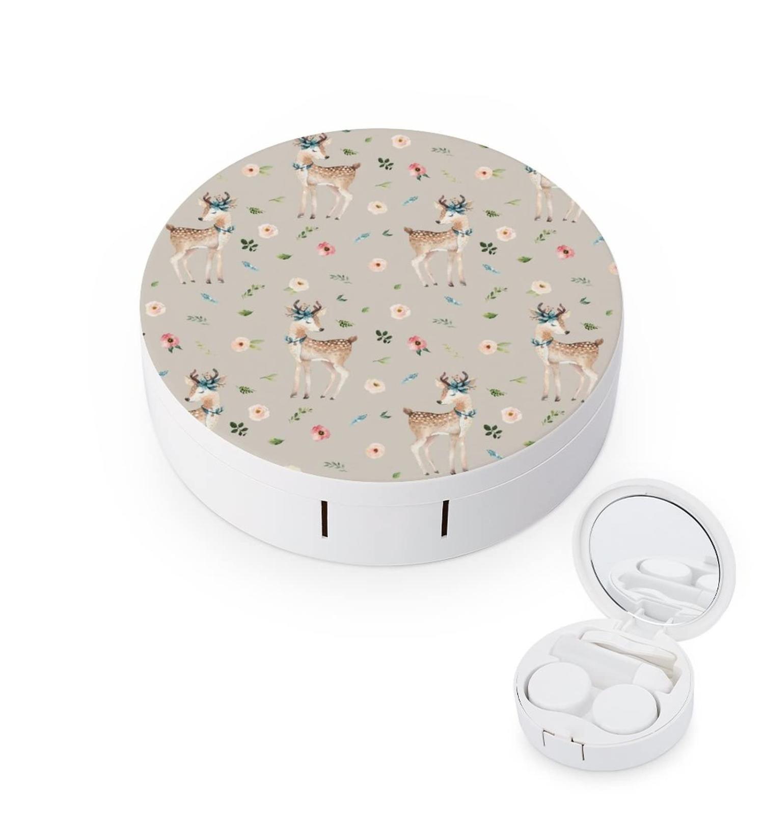 Floral Deer Round Case For Contact Lens Kit Storage Box with Mirror Printed - Buy Online on GoSupps.com