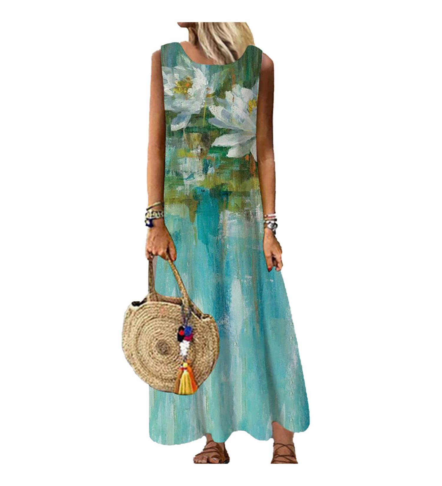 Women's A Line Summer Dress Round Neck Sleeveless Leisure Maxi Dress Flowers Festive Casual Long Beach Dress M Cyan