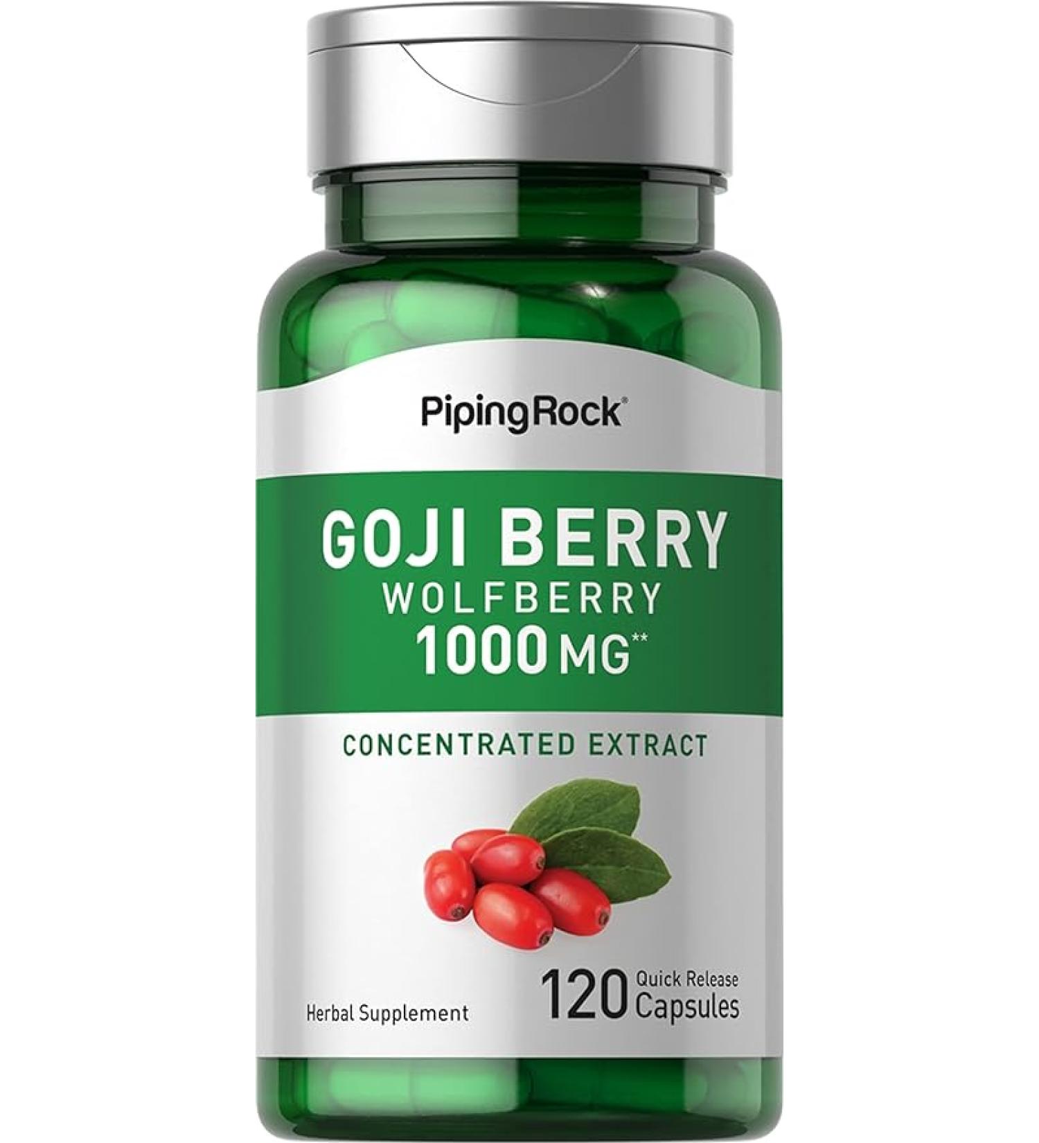 Piping Rock Goji Berry Capsules 1000mg - 120 Count | Wolfberry Extract Supplement | Gluten Free & Non-GMO - Buy Online on GoSupps.com