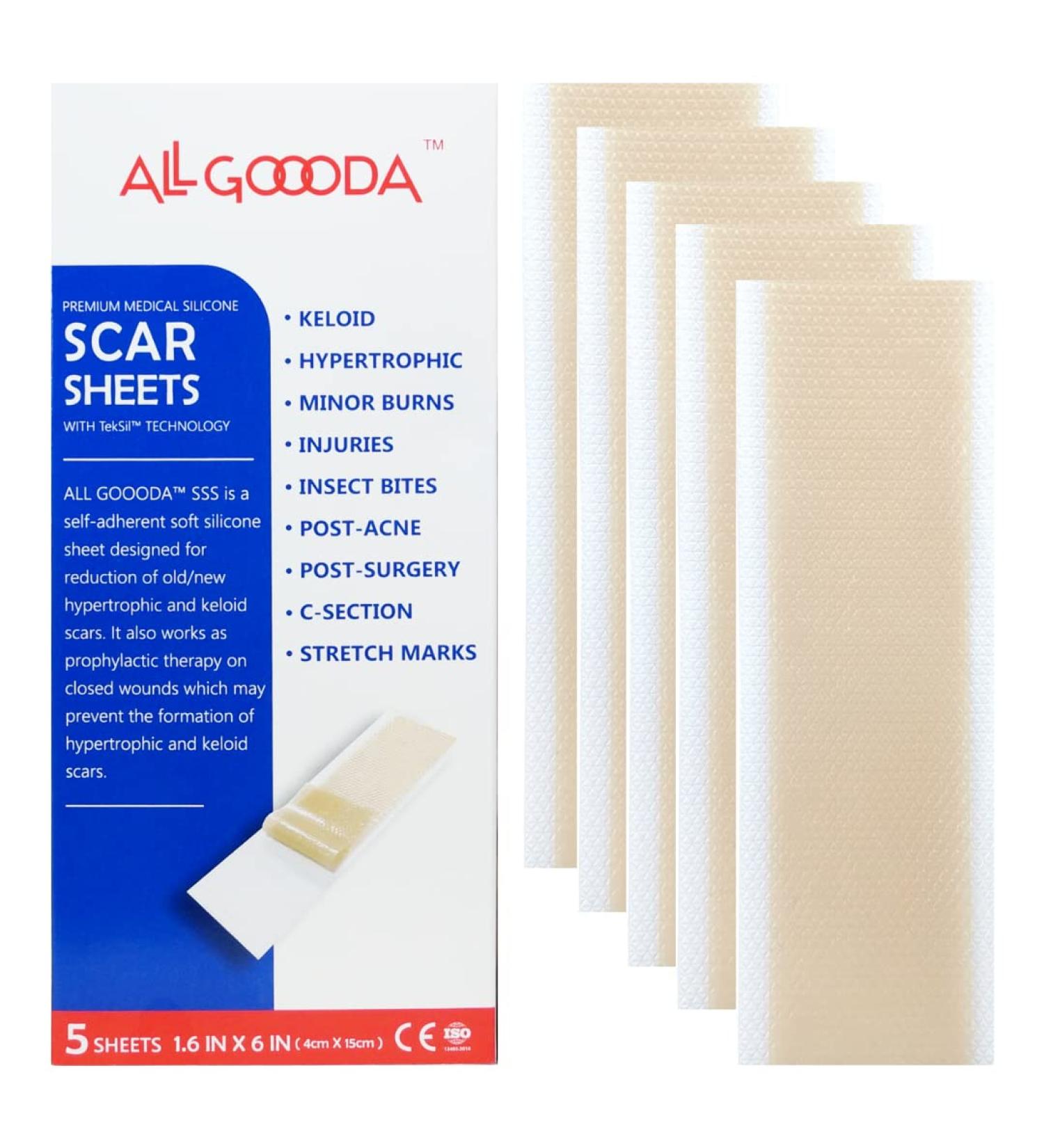 Goooda Silicone Scar Sheets Strips Tape - 1.6x6, 5 Sheets | Scar Removal for Surgery, Keloid, Tummy Tuck, Acne & Stretch Marks - Buy Online on GoSupps.com