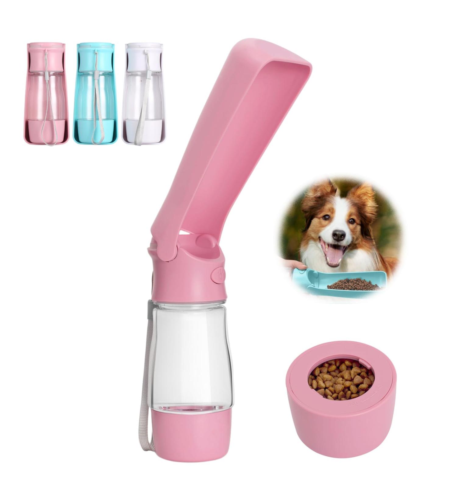 Portable Dog Water Bottle for Travel - Foldable Pet Dispenser with Food Container | Durable & Leak-Proof - Pink - Buy Online on GoSupps.com