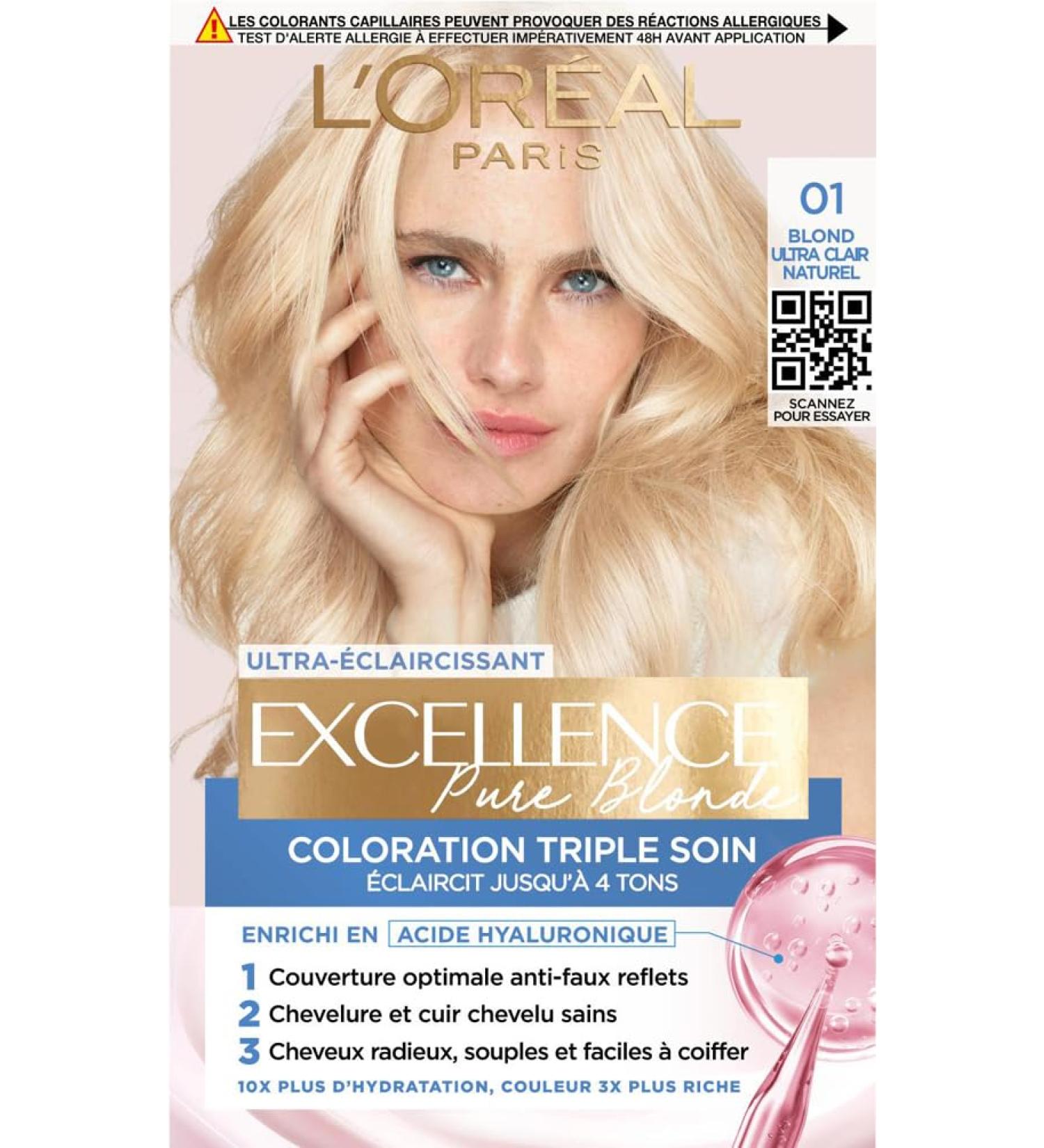 L OR AL PARIS - Coloration Cheveux Permanente Triple Soin - Couvre 100% des Cheveux Blancs - Excellence Cr me - Nuance : Blond Ultra Clair Naturel (01) - Buy Online on GoSupps.com