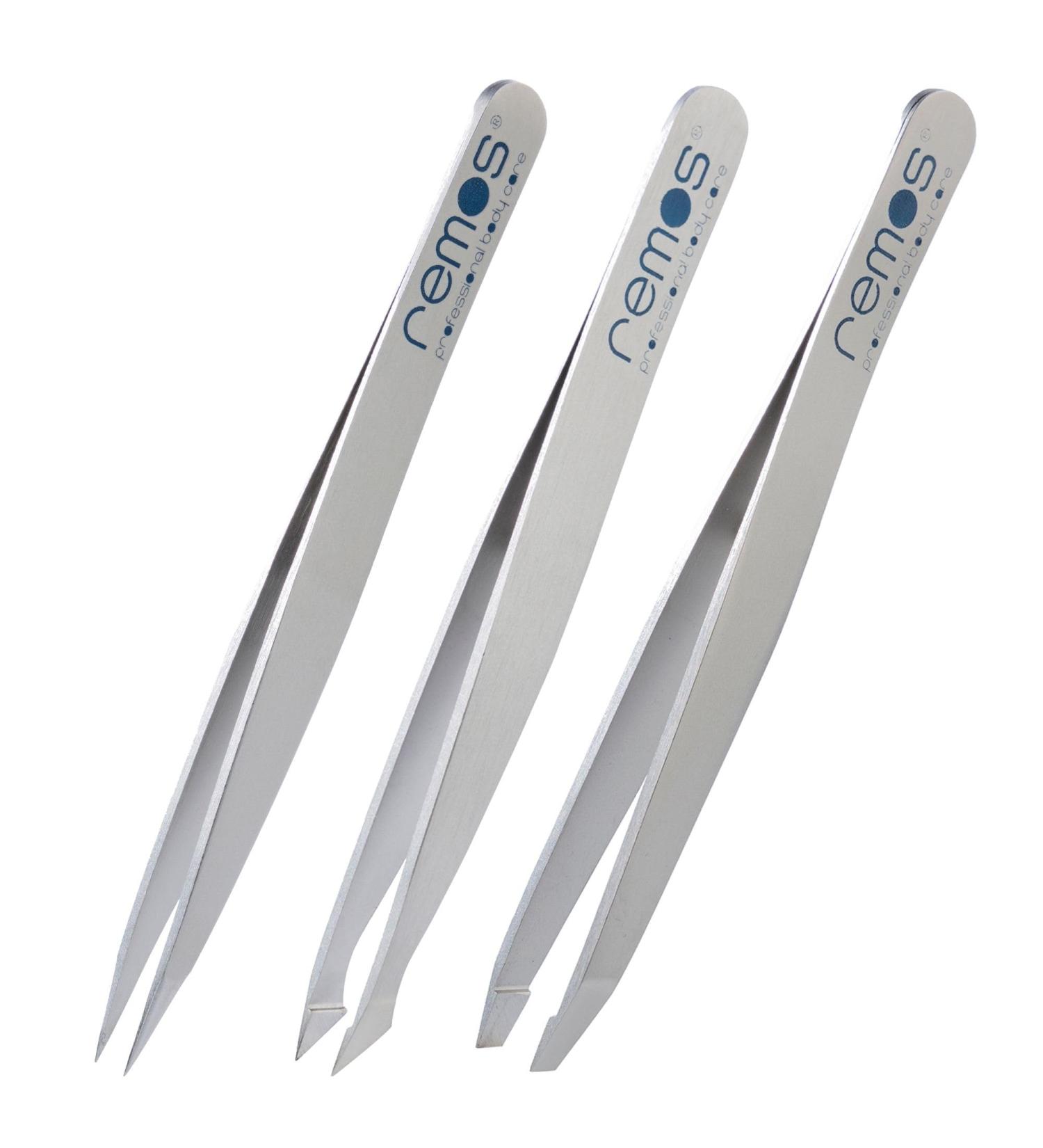 REMOS 3-Piece Tweezers Set - Eyebrow Splinter & Combination Tweezers in Satin Finish | Perfect for Precision Grooming - International Shipping Available - Buy Online on GoSupps.com