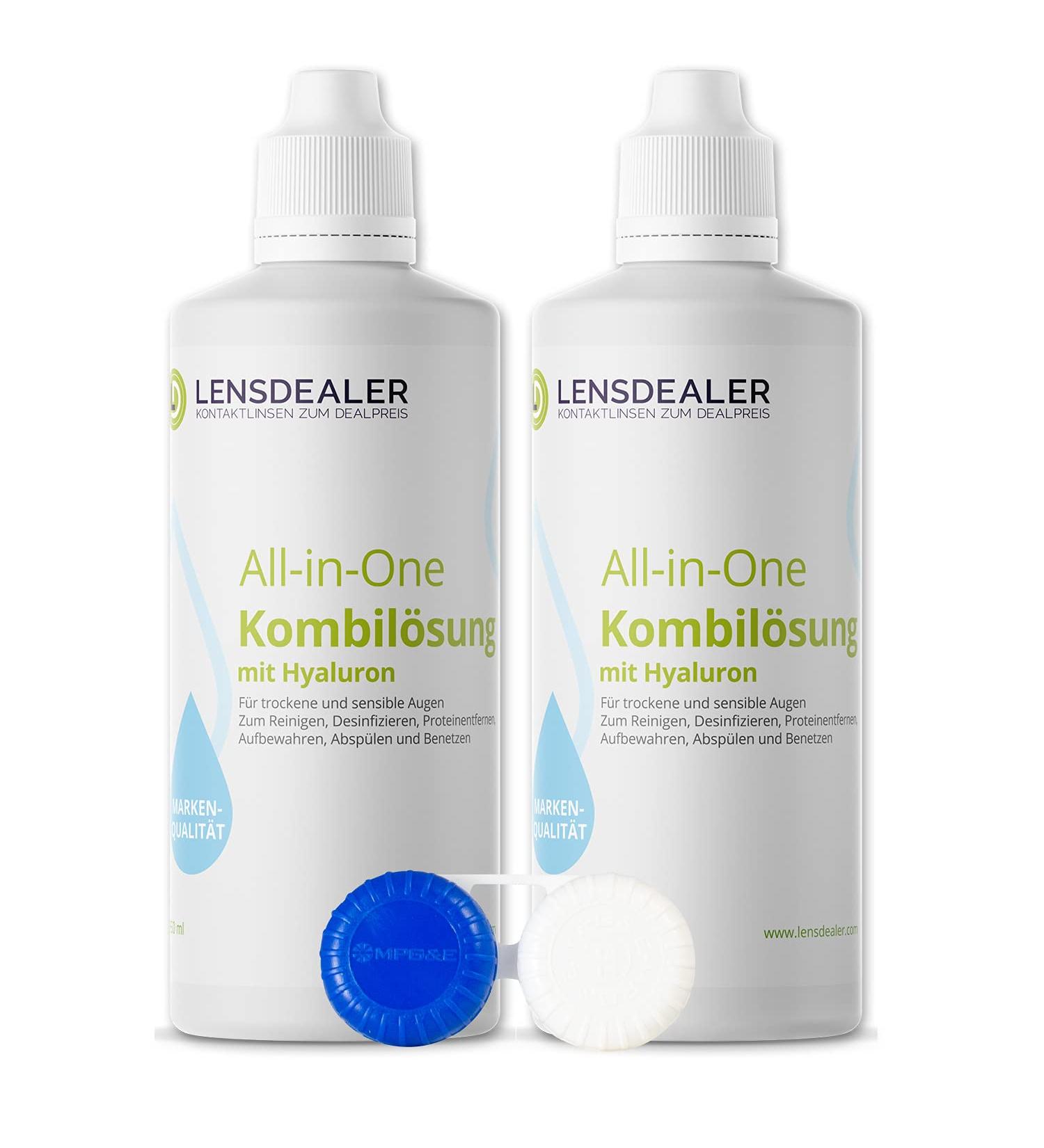 Lensdealer Contact Lens Fluid - Hyaluronic Acid Care 2 x 360ml Bottles + 2 Lens Containers | International Shipping - Buy Online on GoSupps.com