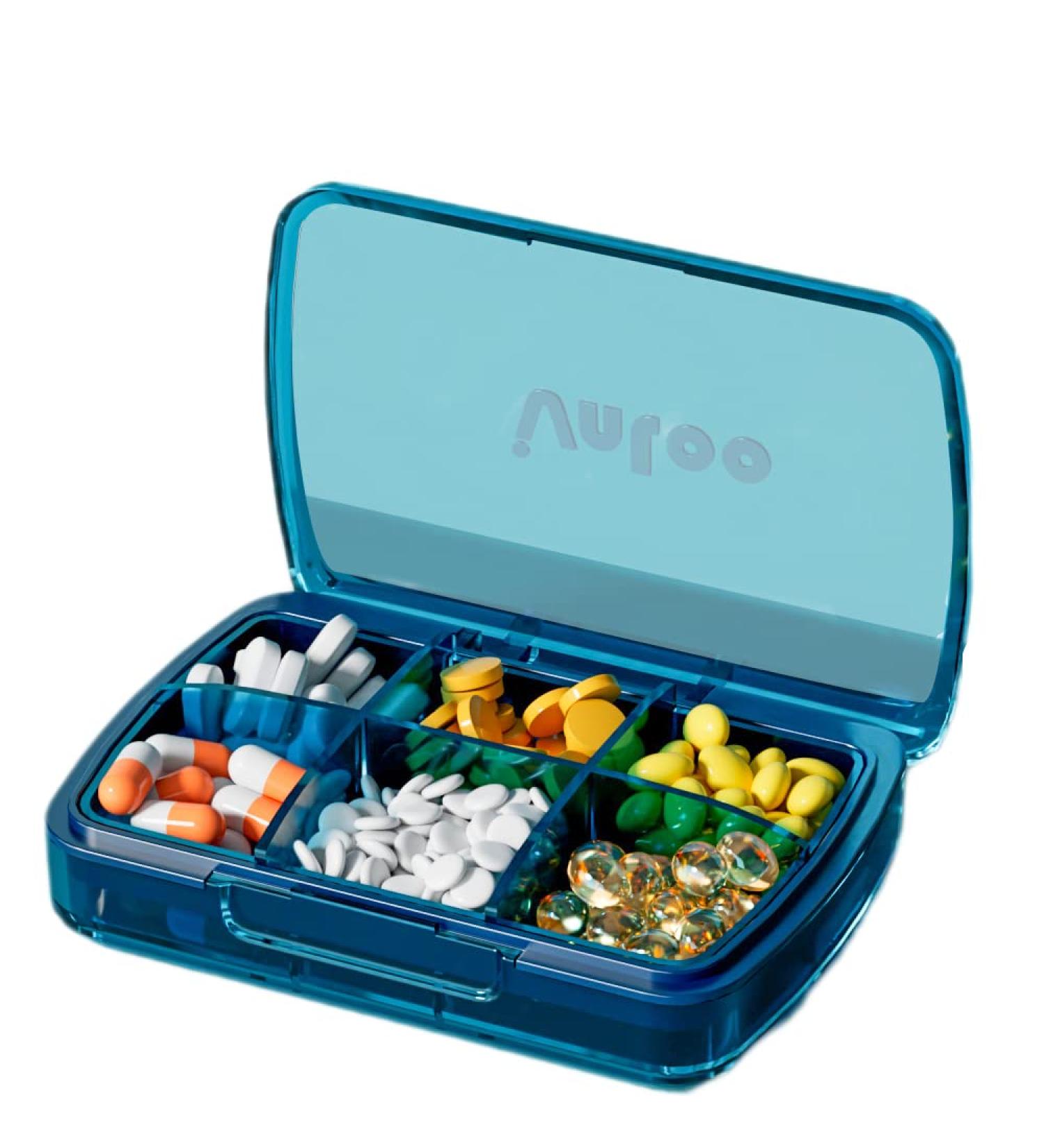 Portable Blue Pill Box with 6 Compartments - Moisture-Proof Organizer for Medication & Supplements - Buy Online on GoSupps.com