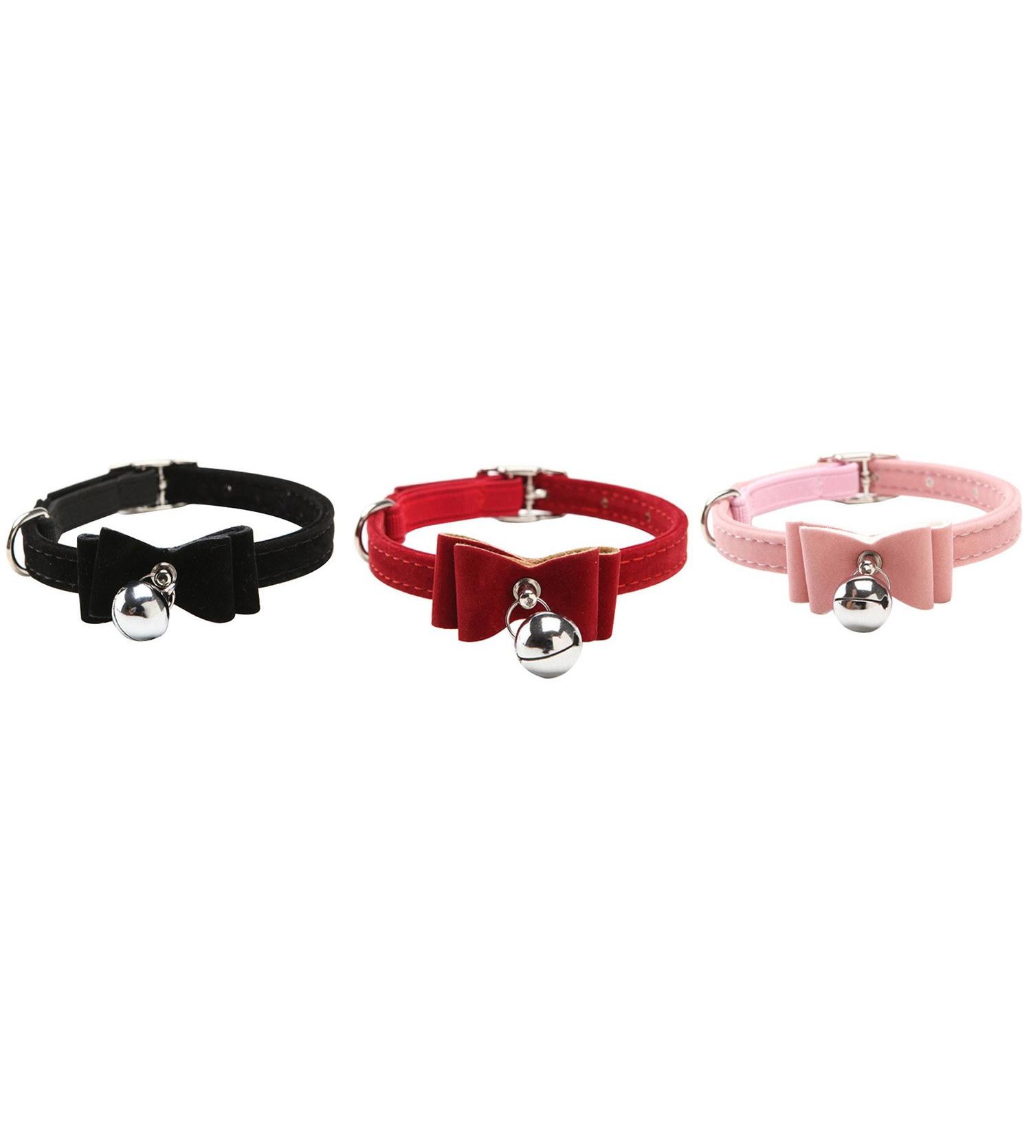 Kitten Velvet Bow Tie Cat Collar Set - Safety Elastic, Bell, 3pcs (Pink, Black, Red, Blue, Purple) - Buy Online on GoSupps.com