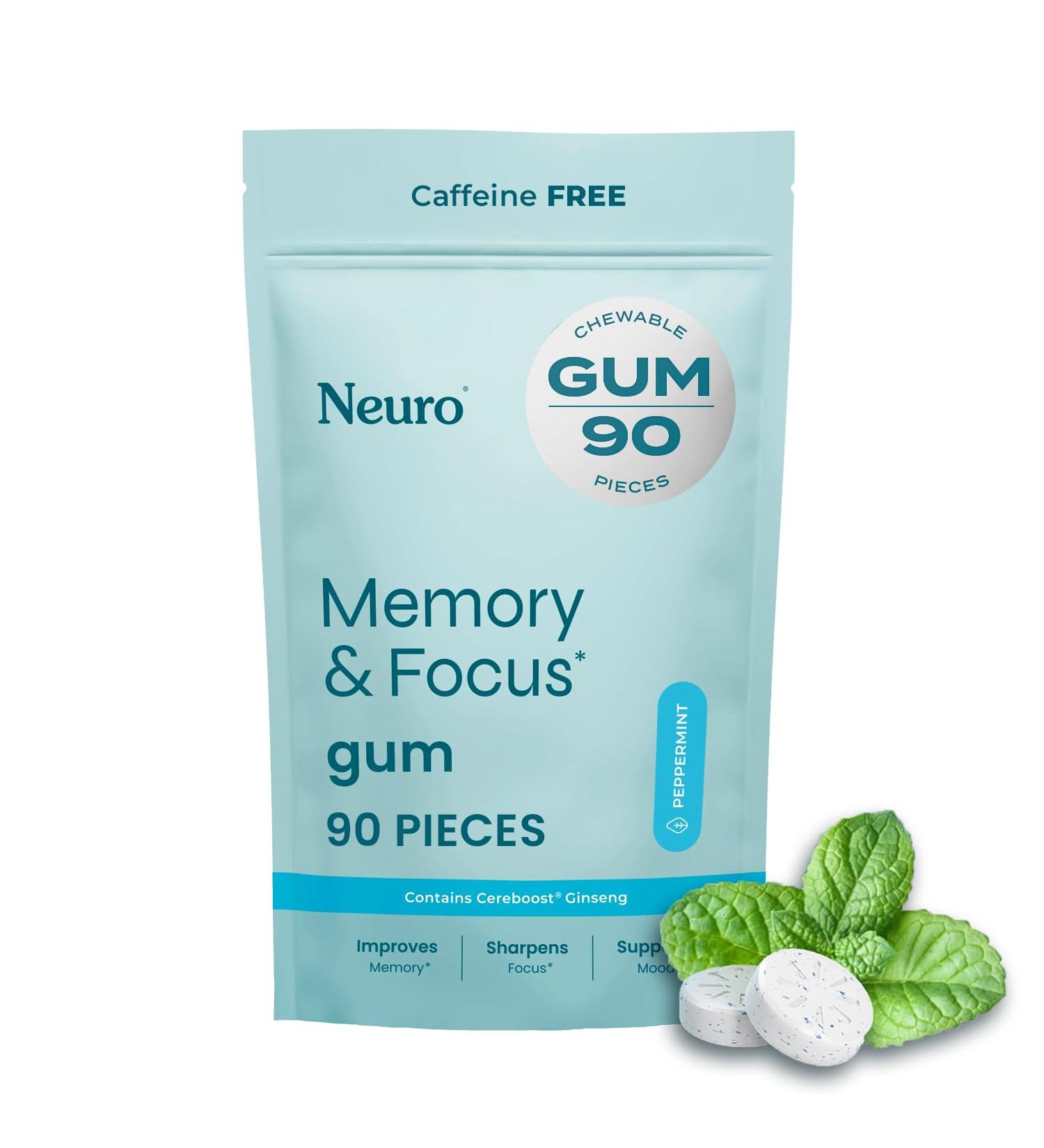 Neuro Memory & Focus Gum - Nootropic Gum with Vitamin B12 Vitamin B6 L-Theanine & Ginseng Extract - Natural Brain Support Supplement - Vegan Caffeine & Sugar Free Chews - Peppermint 90 ct 90 Count (Pack of 1) Peppermint - Buy Online on GoSupps.com