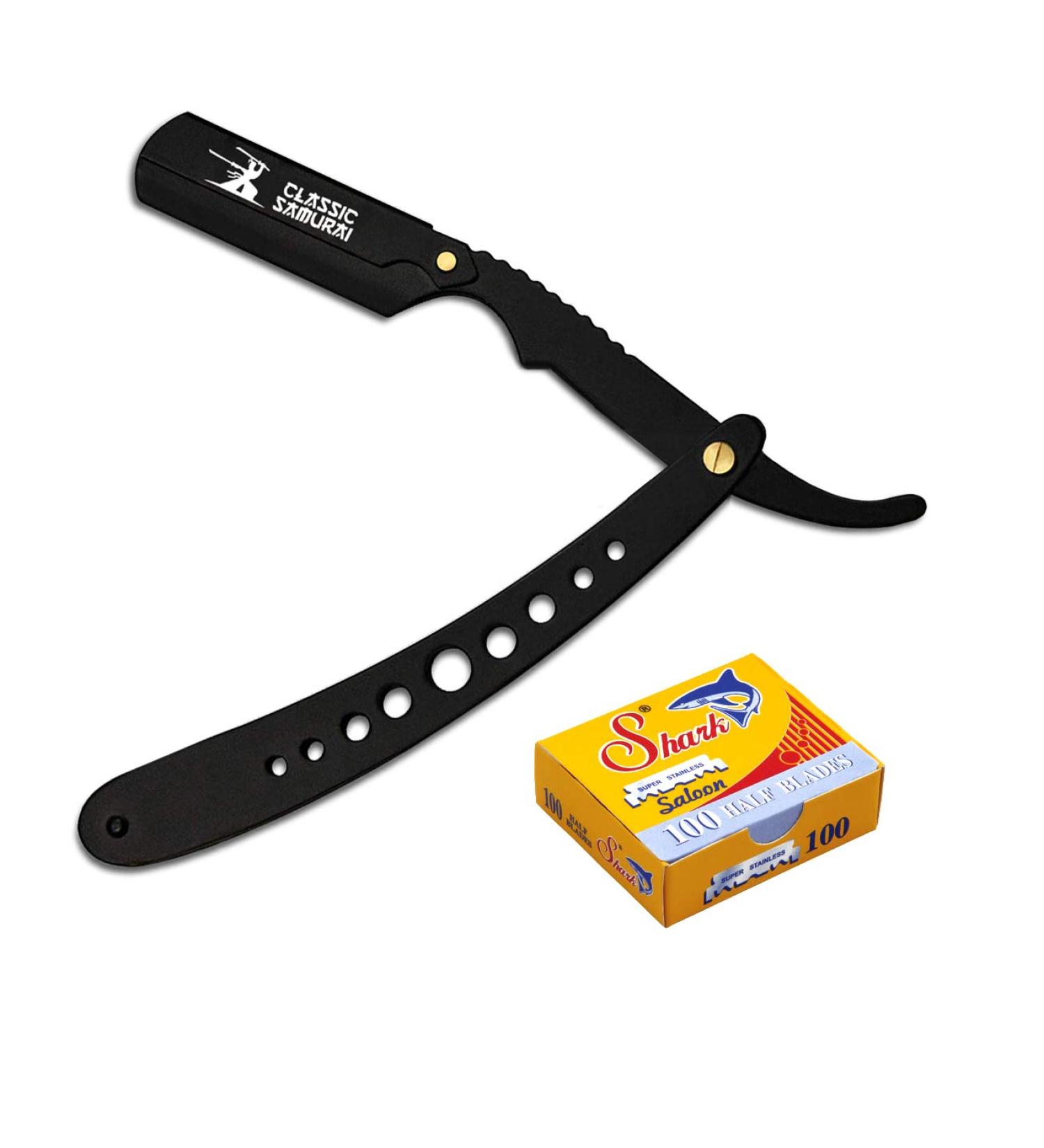 Ergonomic Stainless Steel Barber Razor Shavette - Matte Black with 100 Shark Blades | Professional Folding Straight Edge Shaver - Buy Online on GoSupps.com