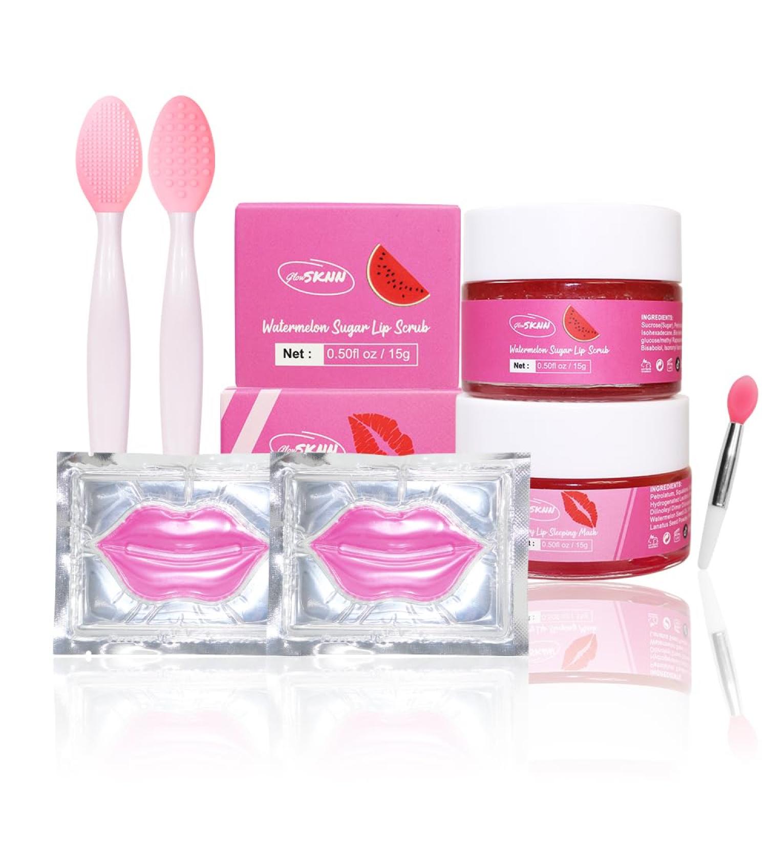 Six in One Lip Care Kit - Lip Sleeping Mask Exfoliating Scrub Hydrating Sheet Masks & Silicone Brushes - Watermelon Scented | International Shipping - Buy Online on GoSupps.com