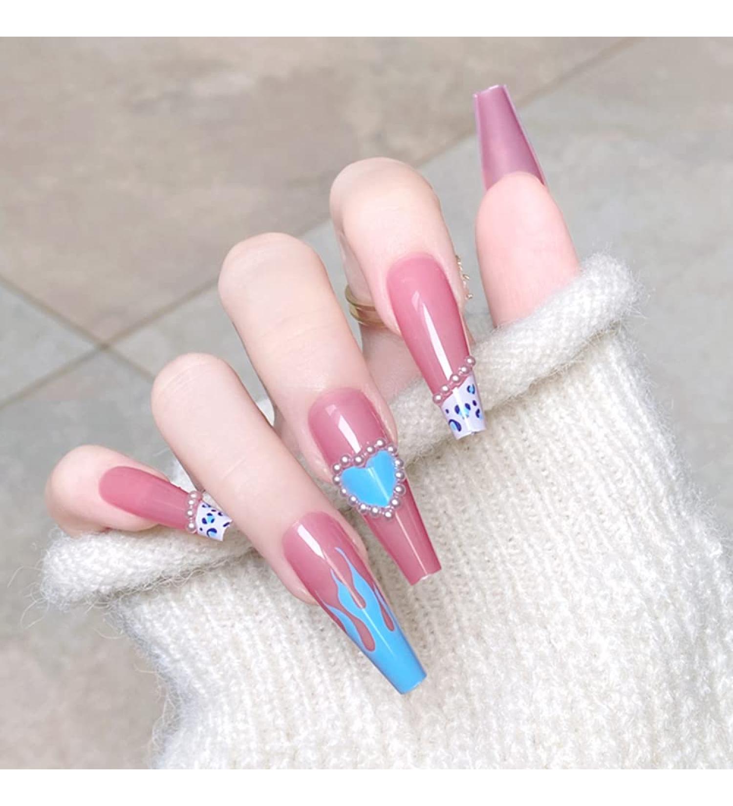 Xerling Blue Heart French Coffin Nails with Charms - Long Press On Ballerina Fake Nails for Women & Girls | Stylish Stick-On False Nails (Pattern C - Buy Online on GoSupps.com