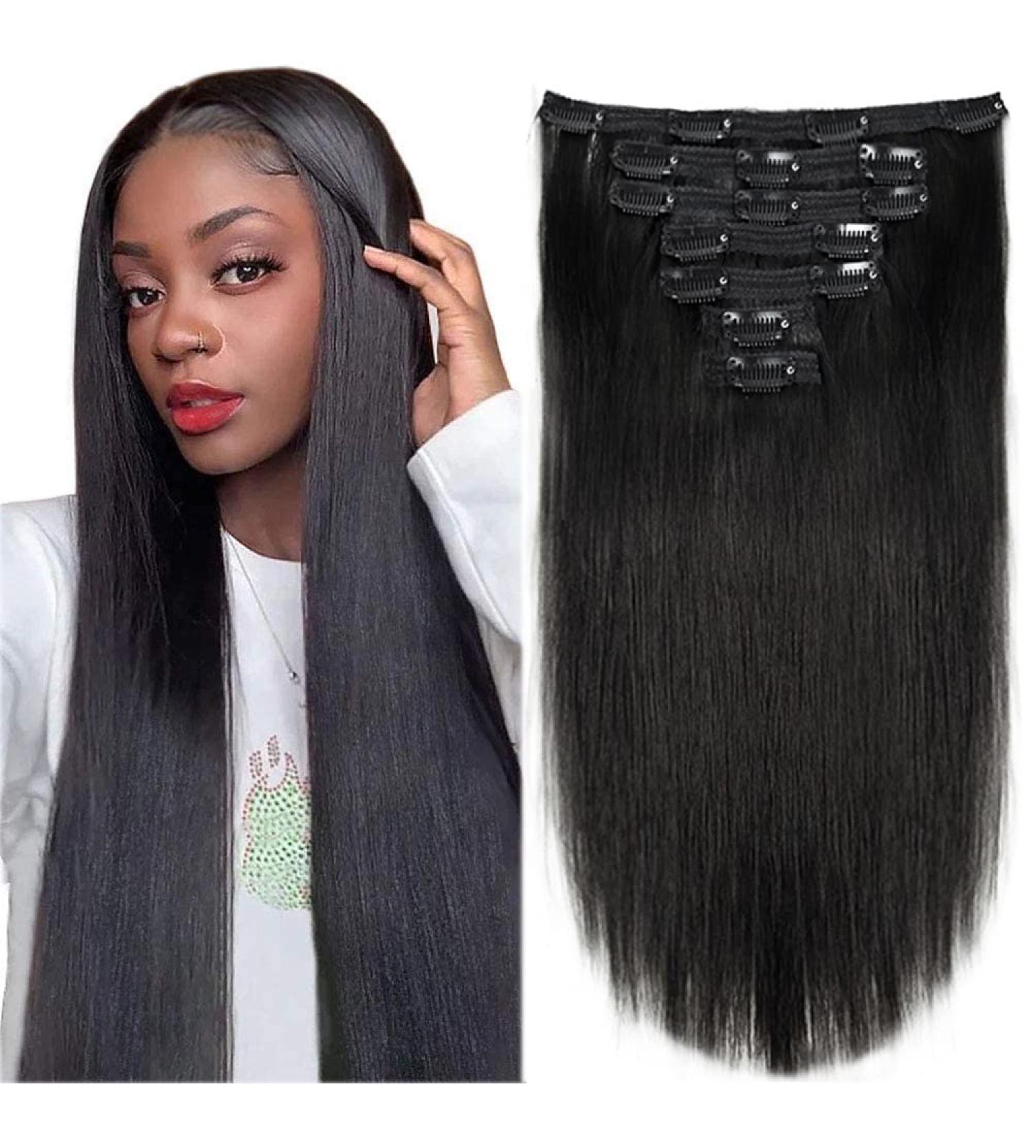 Liwihas 16 Silky Straight Clip in Human Hair Extensions for Women - Natural Black Remy Hair, Double Weft, 90g 7pcs with 16 clips - 1B - Buy Online on GoSupps.com
