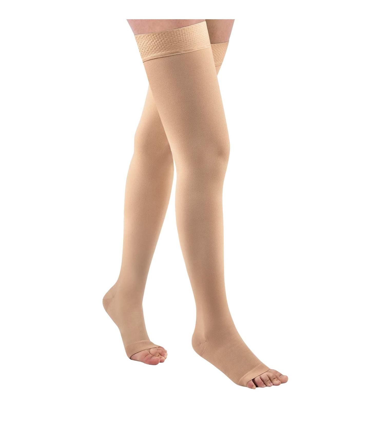 Thigh High 20-32 mmHg Compression Stockings for Men & Women - Toeless Silicone Dot Band Beige - Improve Circulation (1 Pair - Buy Online on GoSupps.com