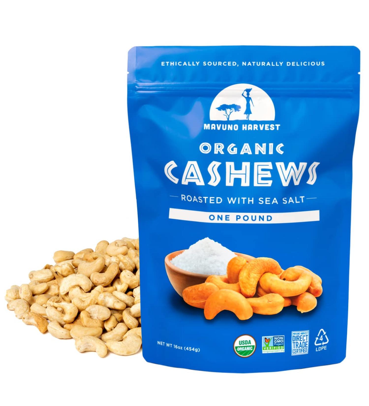 Mavuno Harvest Organic Roasted Cashews with Sea Salt | 16 oz Pack | Vegan Non GMO Healthy Snack for Kids & Adults | Office-Friendly | Whole Cashew Nuts - Buy Online on GoSupps.com