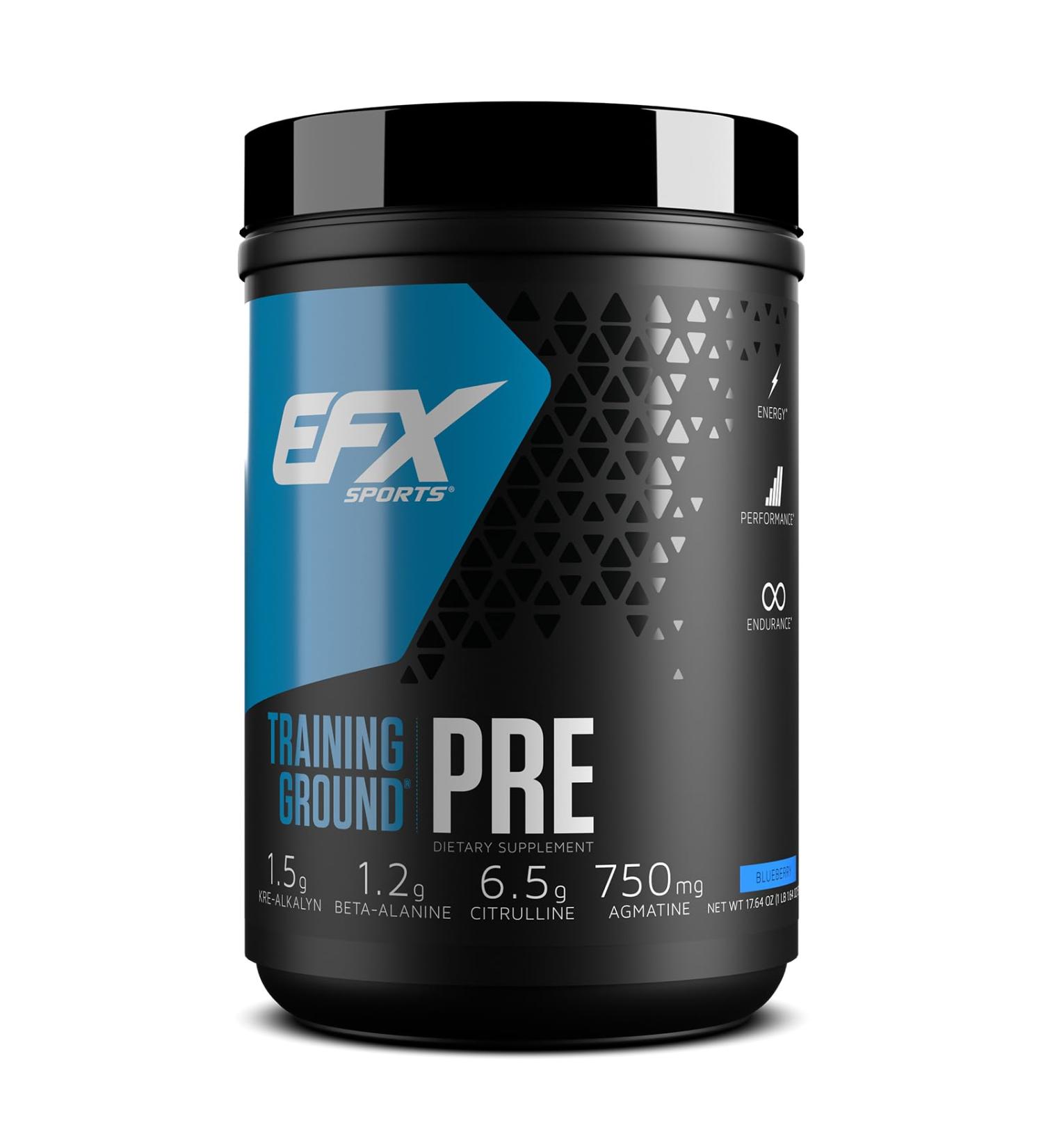 EFX Sports Training Ground Pre Workout Powder | Energy & Muscle Pumps | with Hydromax Glycerol Citrulline Beta Alanine | 300mg Caffeine | 20 Servings (Blueberry) - Buy Online on GoSupps.com