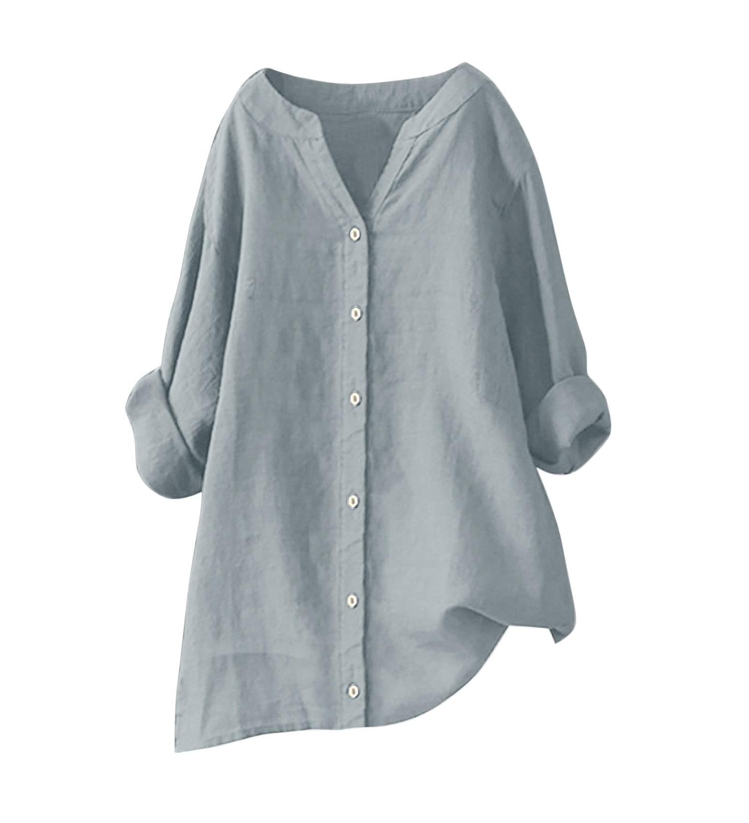 Womens Summer Cotton and Linen Loose Fit Blouses Button Up Tops Ladies Retro T Shirts Casual Going Out Short Sleeve Tunic Top V-Neck Oversized Tee 112-qppoj-grey#2 M - Buy Online on GoSupps.com