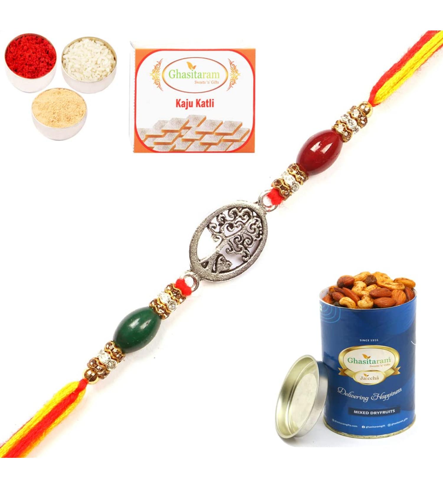 Ghasitaram Gifts Rakhi for Brother Rakhis Online - 8833 Premium Rakhi with 100 GMS of Dryfruits Mix Can 200 GMS of Kaju katli Rakhi & 100g Dryfruits Mix Can 200g Kaju katli - Buy Online on GoSupps.com