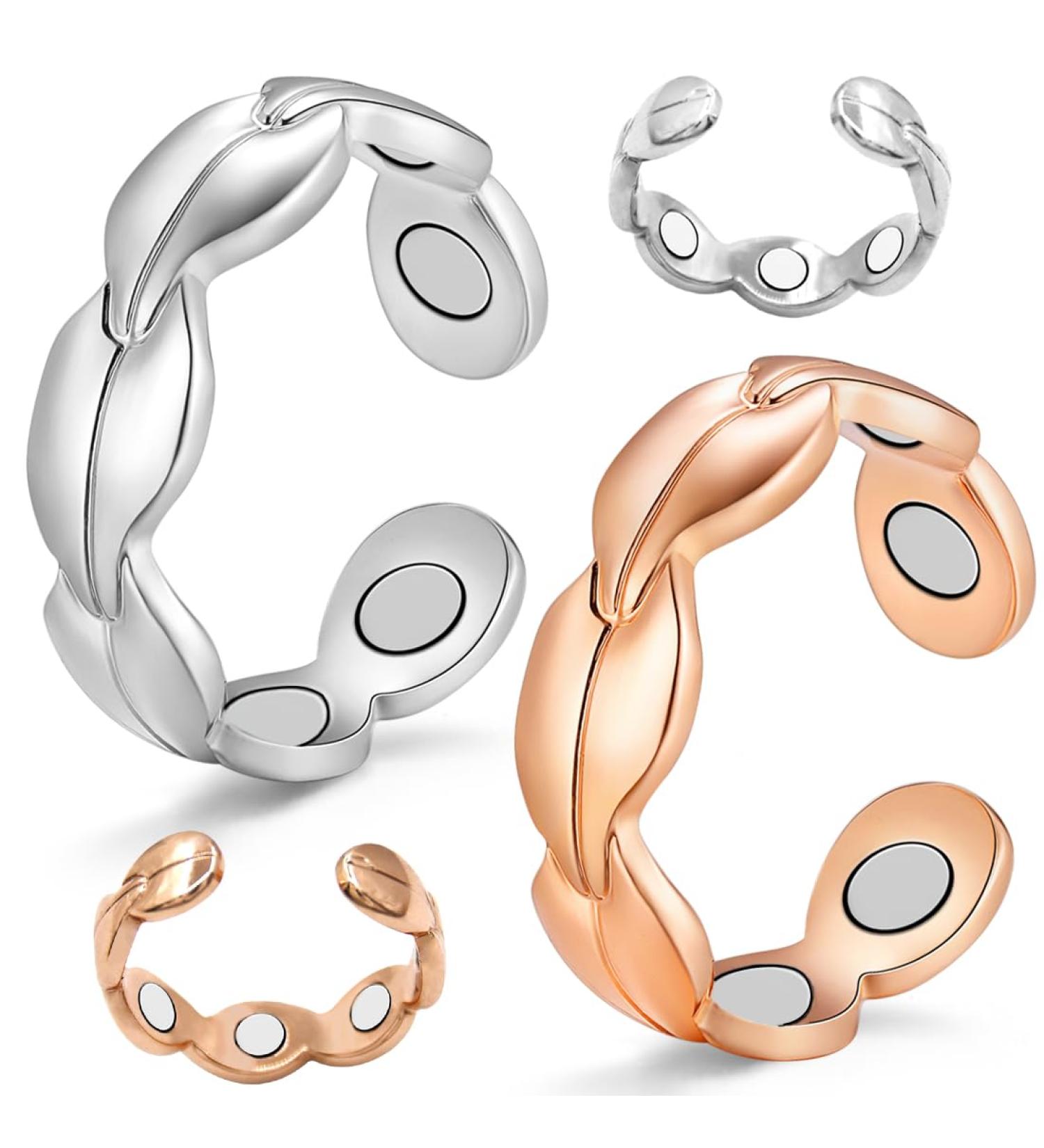 Vicmag Ultra Strength Copper Magnetic Rings for Men & Women - 99.99% Pure Copper Adjustable Size Gift Box Included - Silver & Rose Gold Leaf Shape - Buy Online on GoSupps.com