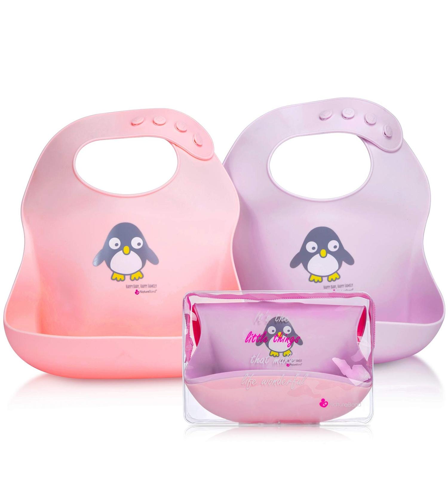 NatureBond Silicone Weaning Bibs for Babies & Toddlers - Set of 2 in Cotton Candy Pink & Macaron Lavender with Carry Pouch - Buy Online on GoSupps.com