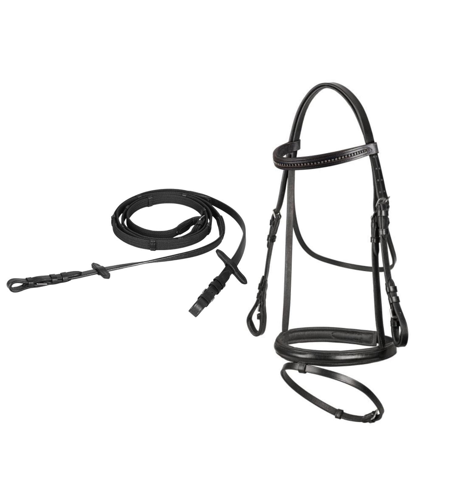 Premium Start Diamond Bridle for Horses - English Combined Riding Stitches Leather Reins 19mm Belt Wings - Ideal for Pony Thoroughbred and Warmblood - Stylish Black Bangs - Buy Online on GoSupps.com