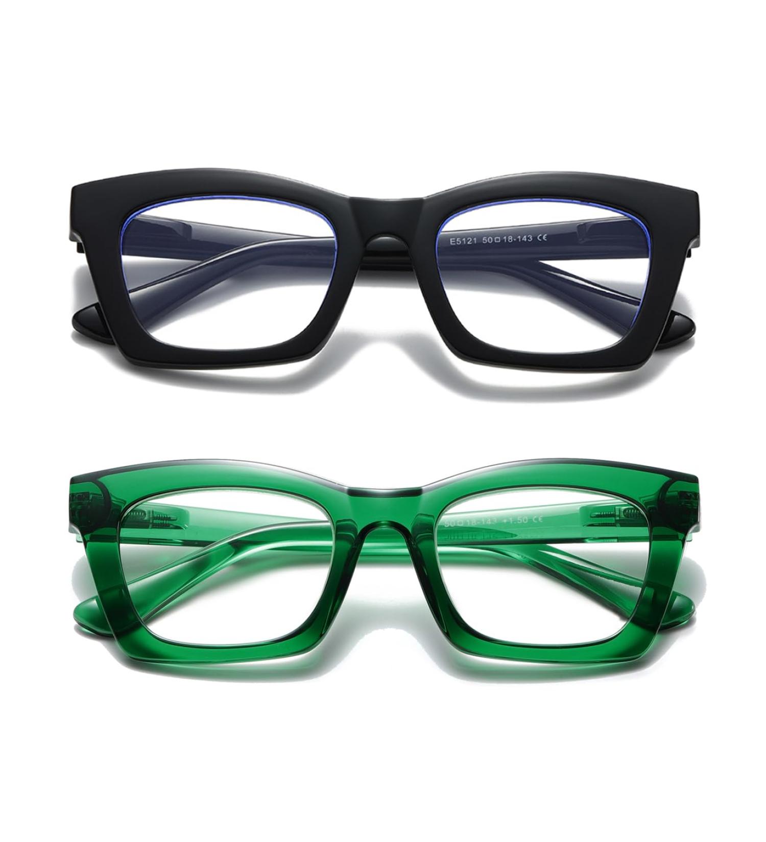 Hubeye 2 Pack Oprah Style Reading Glasses for Women & Men - Blue Light Blocking Square Readers with Spring Hinge + Pouch | 1.50 Diopters Black/Green - Buy Online on GoSupps.com