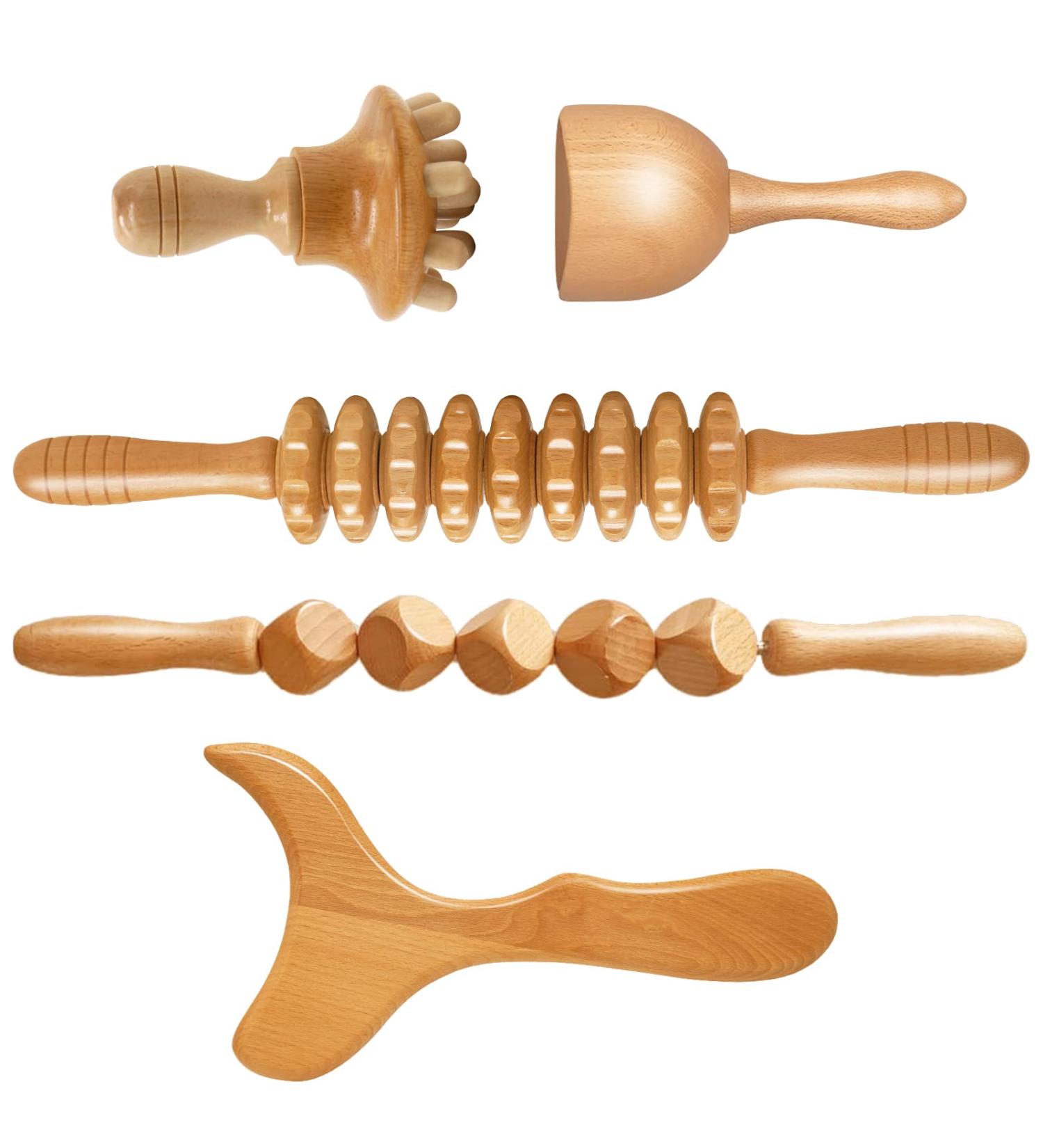 Set of 5 Wooden Massager Rollers for Cellulite & Lymph Drainage - Maderotherapy Wood Therapy Tool with Box - Buy Online on GoSupps.com