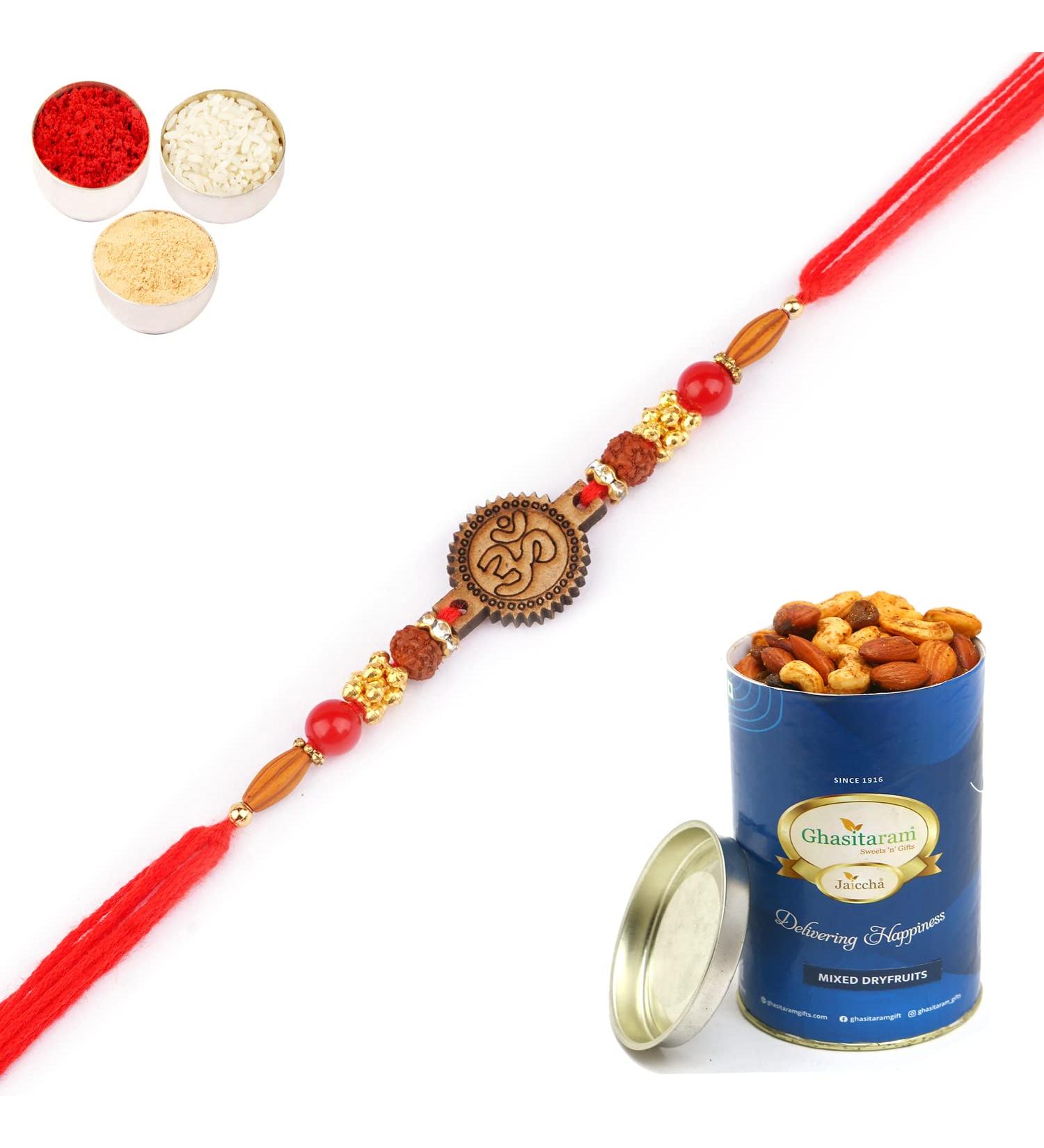 Ghasitaram Gifts Rakhis Online for Brother- 2035 Rakhi Thread with 100 GMS of Dryfruits Mix Can Rakhi Set with 100 gms of Dryfruits Mix Can - Buy Online on GoSupps.com