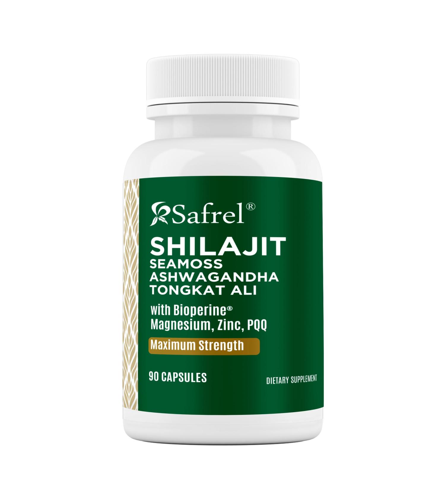 Safrel Shilajit Complex with Sea Moss Ashwagandha Tongkat Ali Maximum Strength Dietary Supplement 90 Capsules with Magnesium Zinc PQQ