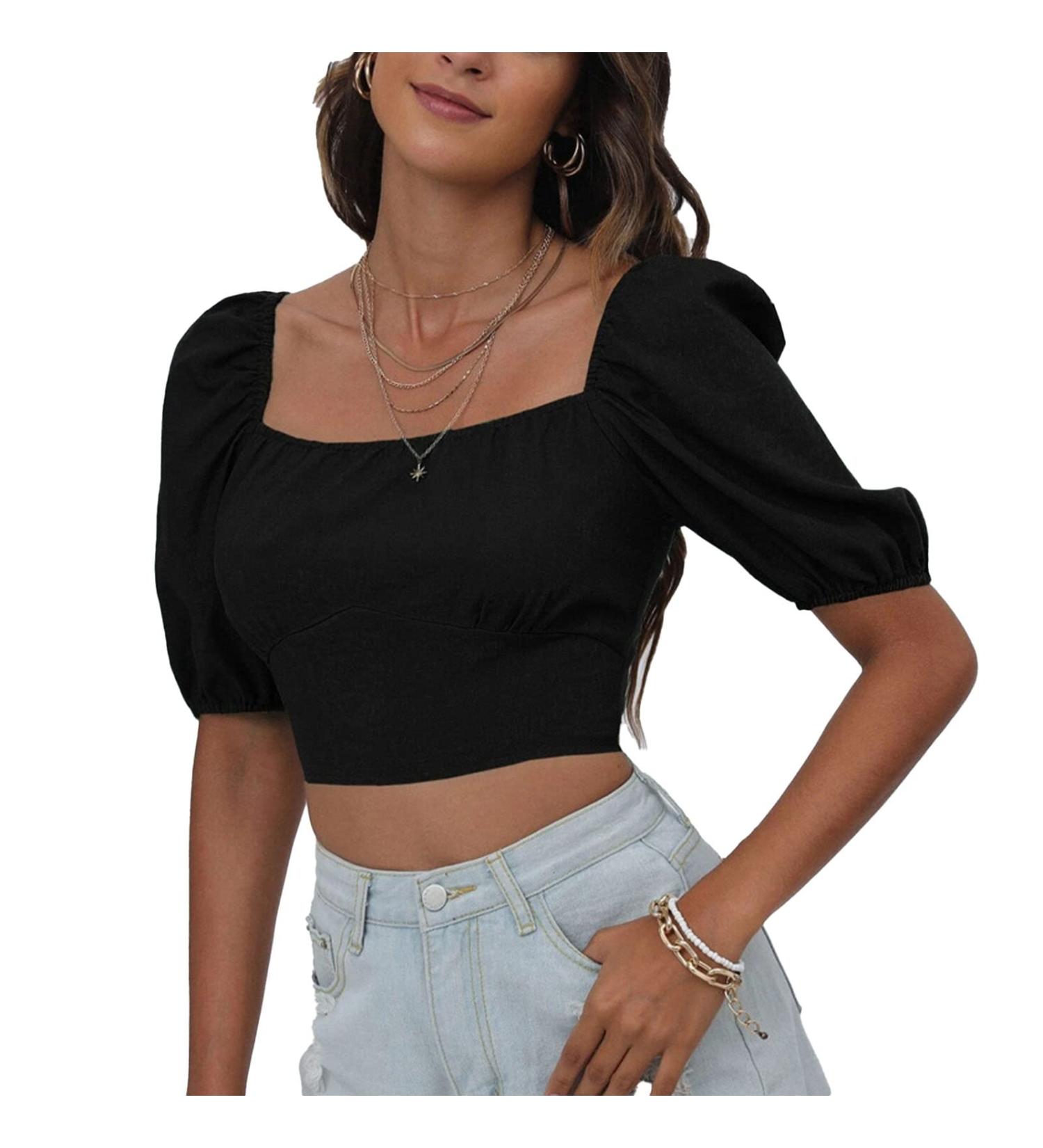 Puff Sleeve Blouse Fashion Short Sleeve Top Lace Up Back Elegant for Shopping Black Large - Buy Online on GoSupps.com