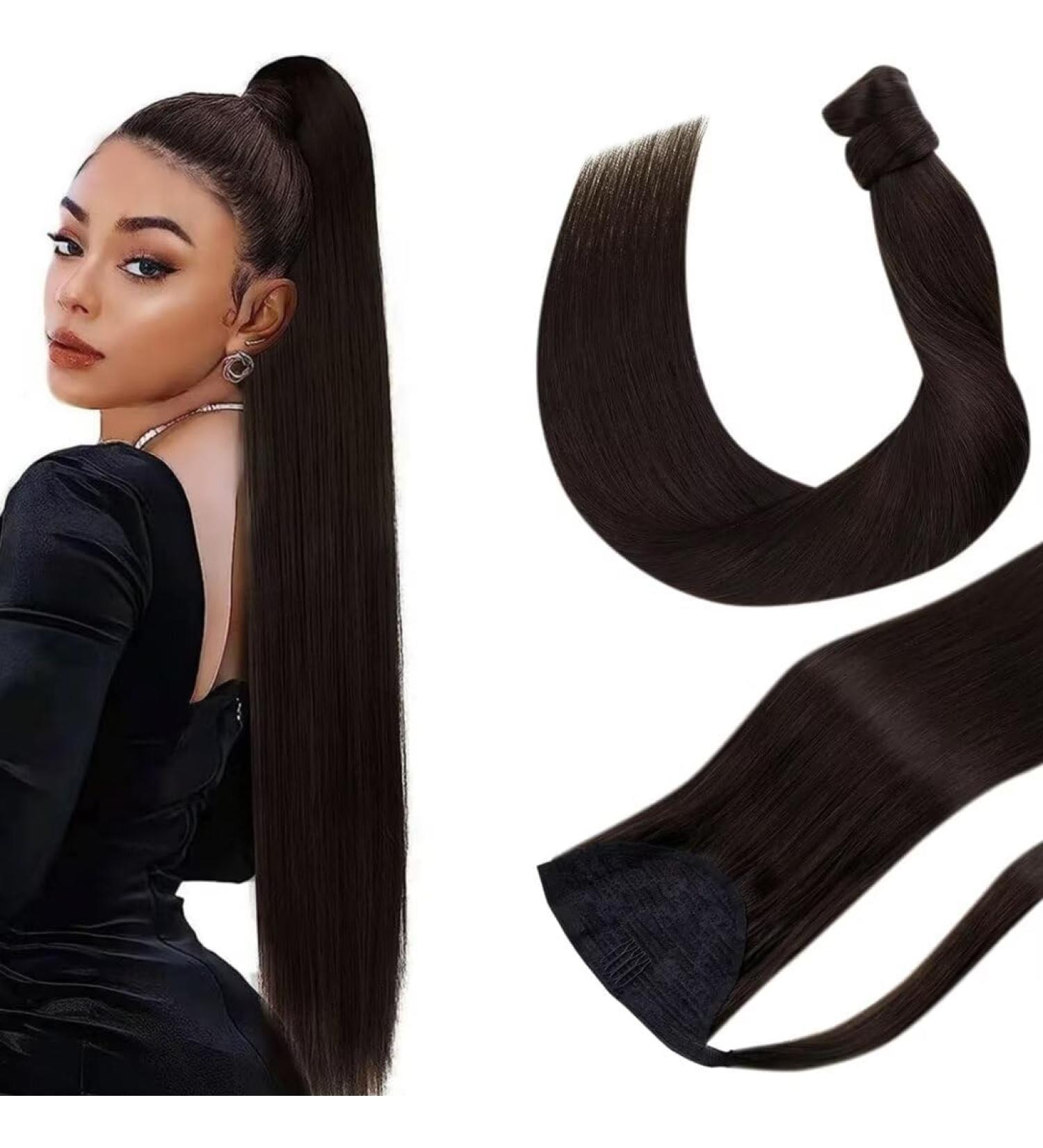 Ponytail Extensions - Hetto Real Hair Brown Smooth Braid Remy Extensions #2 Darkest Brown 45 cm 80g - Shop Now! - Buy Online on GoSupps.com