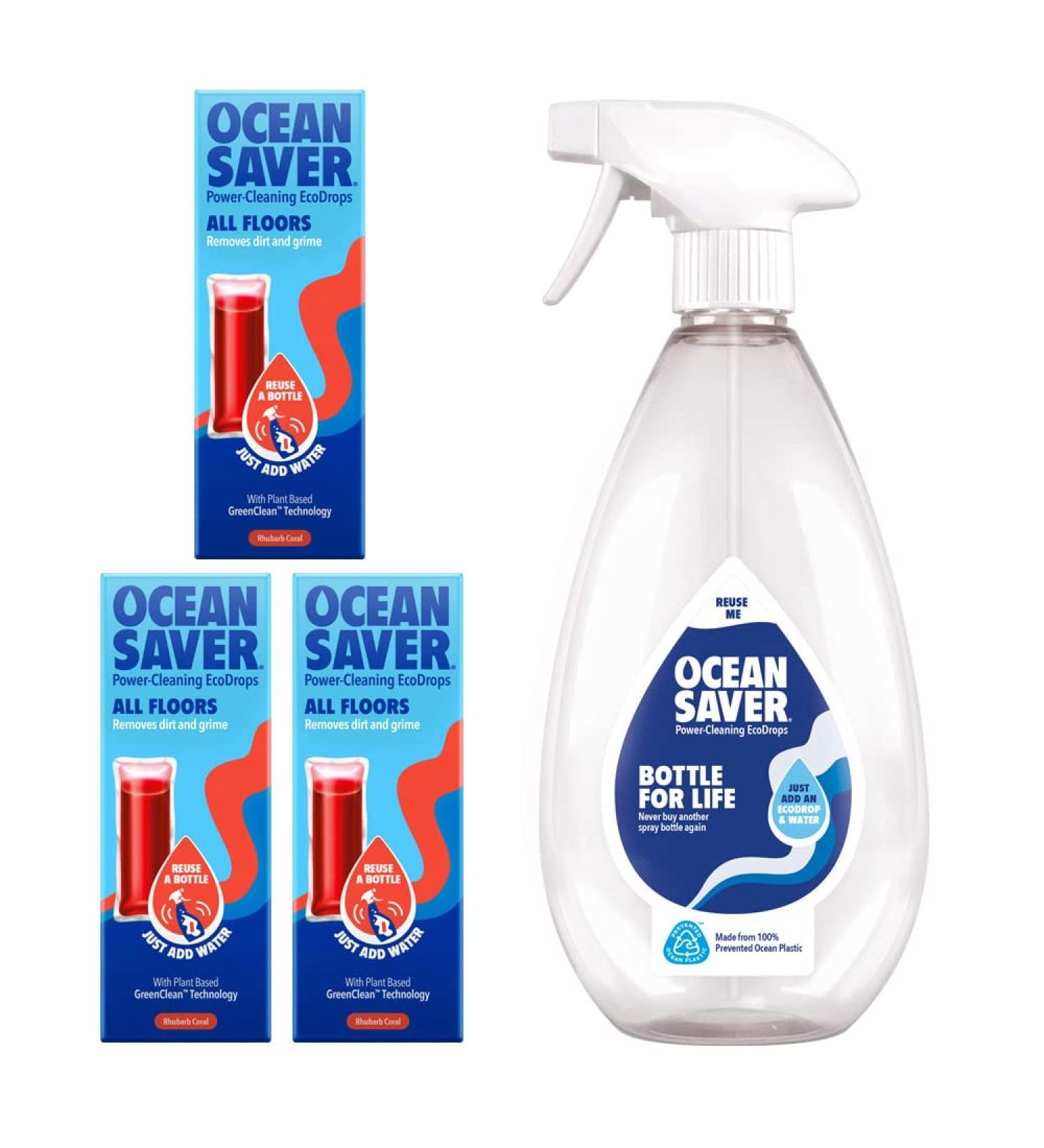 OceanSaver All Purpose Floor Cleaning Spray Starter Kit - Rhubarb Coral Scent | Plant Based & Cruelty-Free | 3 Refills, 1 Prevented Ocean Plastic Bottle | Eco-Friendly Floor Cleaner - Buy Online on GoSupps.com