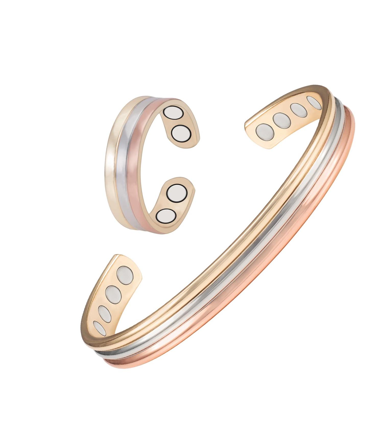 EnerMagiX Tri Tone Magnetic Copper Bracelet and Ring for Women/Men | 8 Magnets, Adjustable Size | Women's Day Gift - Buy Online on GoSupps.com