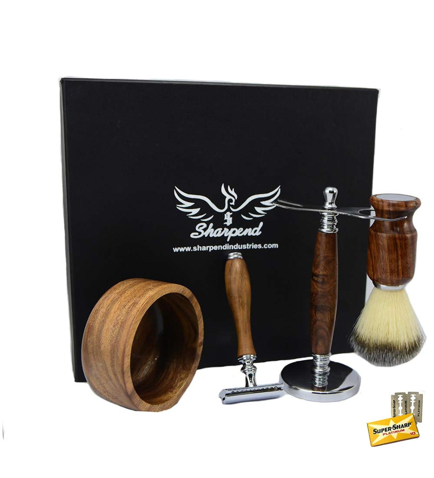 Men's Shaving & Grooming Set | Double Edge Safety Razor Synthetic Hair Brush Wooden Stand - Perfect Gift for Gentlemen - Buy Online on GoSupps.com